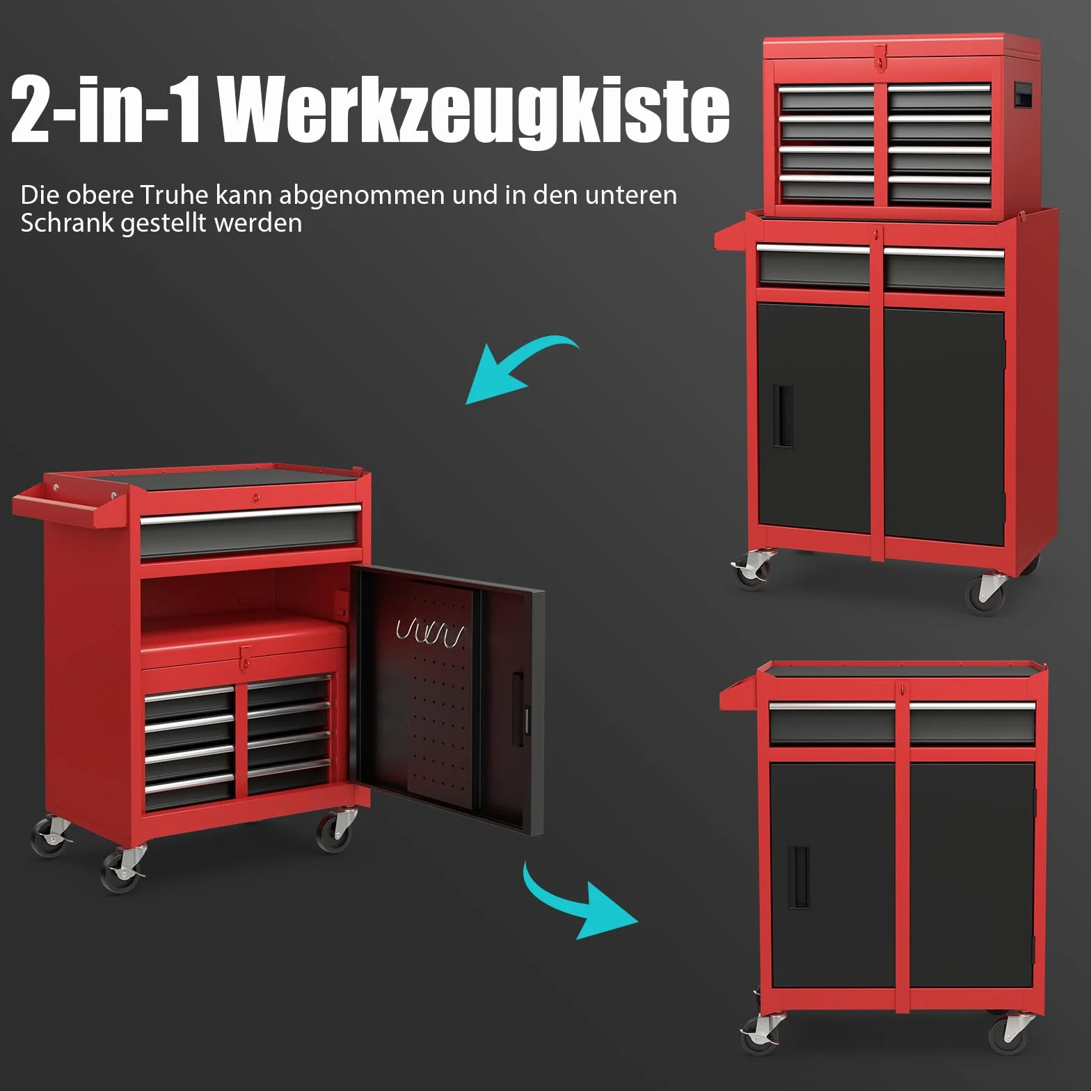 GOPLUS Metalowa szafka narzędziowa 2 w 1, wózek narzędziowy z kółkami, skrzynka narzędziowa, 5 szuflad, haki, regulowana półka i antypoślizgowa podszewka do warsztatu garażowego (czerwona+czarny)