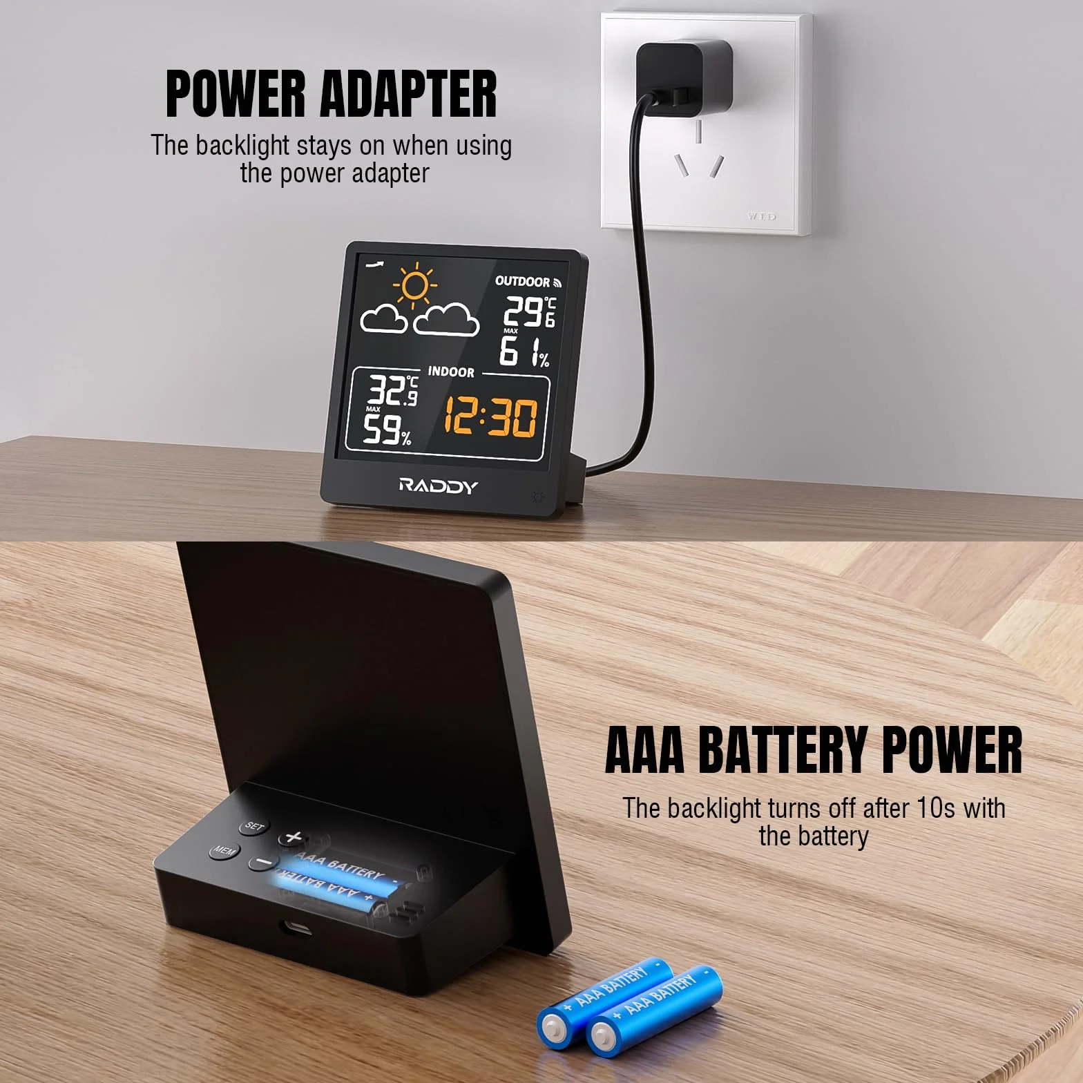 Raddy WF-50V bezprzewodowa stacja pogodowa z czujnikiem zdalnym, termometr wewnętrzny/zewnętrzny, VA 5,0" wyświetlacz USB-C, czarny