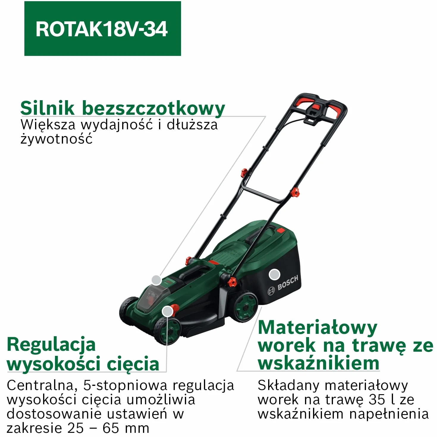Bosch Kosiarka akumulatorowa ROTAK18V-34 (szerokość cięcia: 34 cm, wysokość cięcia: 25 – 65 mm, materiałowy worek na trawę 35 l, przystawka do mulczowania, akumulator i ładowarka)