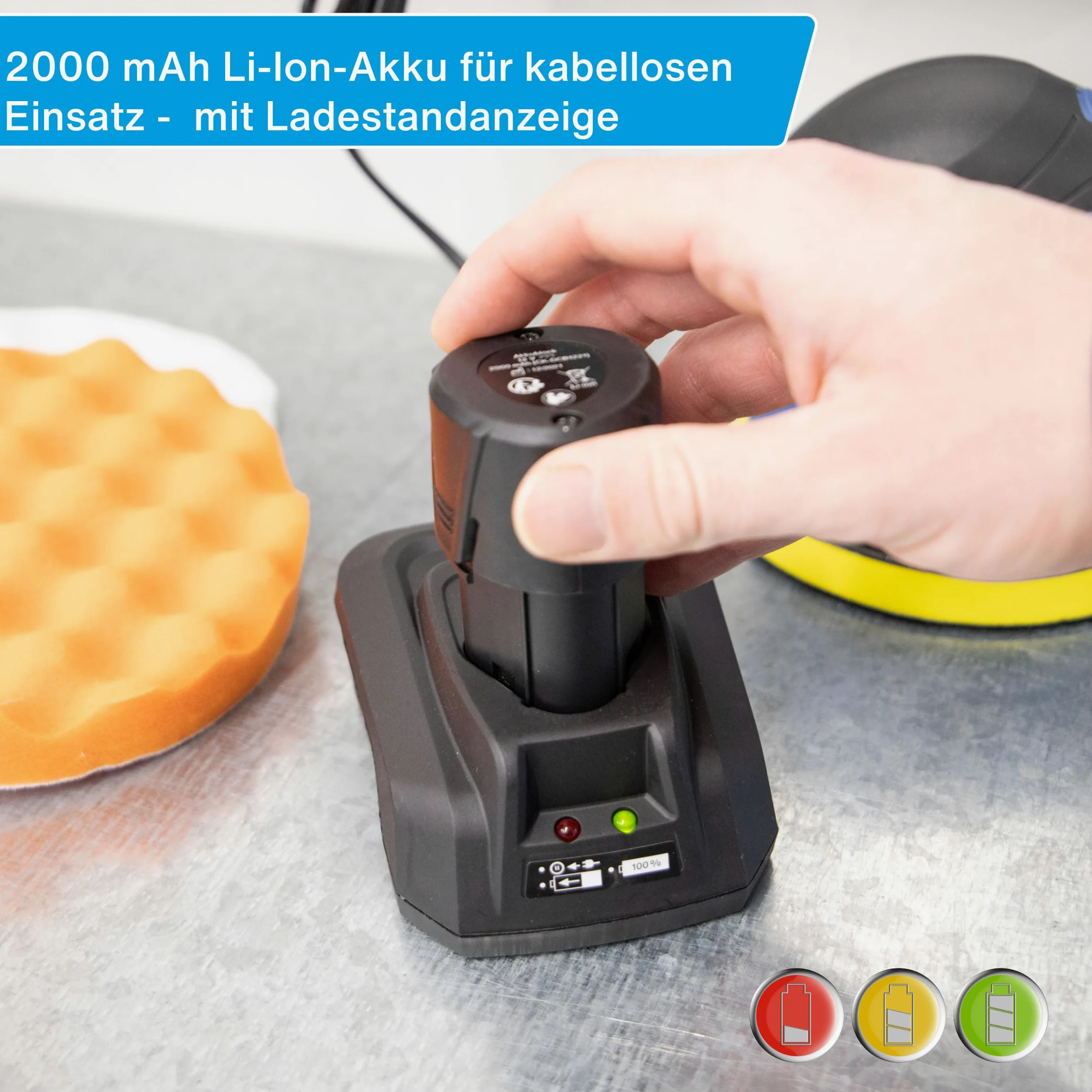 cartrend Akumulatorowa maszyna do polerowania, 2500 – 5000 obr./min (6 stopni), wymienne akumulatory 12 V, 2 x nakładki polerskie, 1 x gąbka polerska, cicha praca, średnica talerza 150 mm
