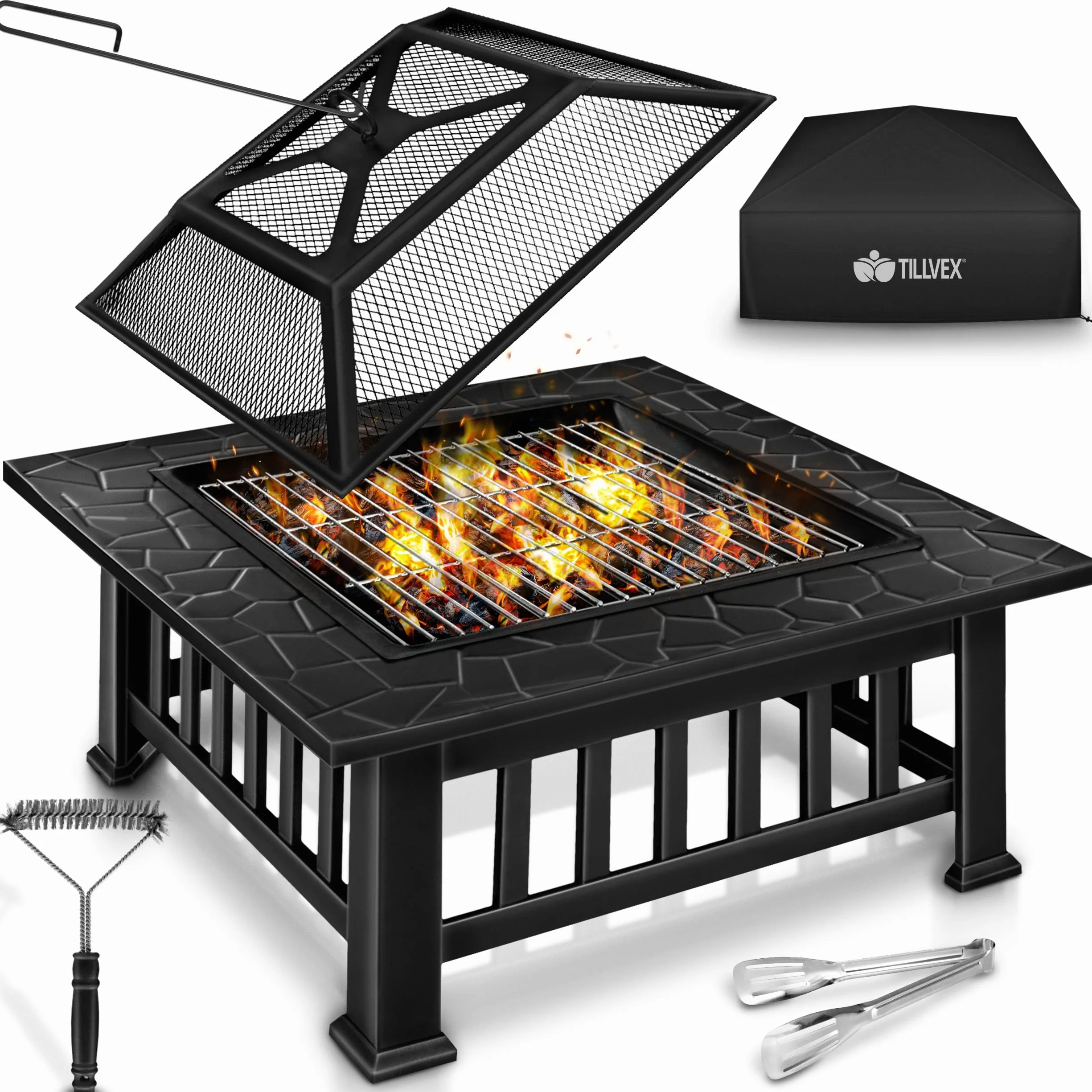 tillvex Palenisko z ochroną przed iskrami i rusztem do grillowania, palenisko do użytku na zewnątrz do ogrodu, grill 3 w 1, z pokrywą, pogrzebaczem, szczypcami i rusztem węglowym (kolor czarny