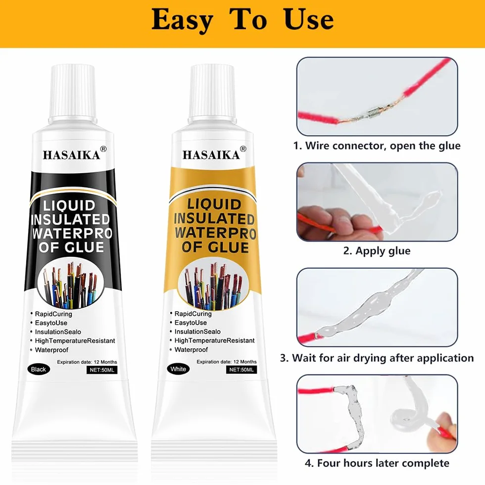 Liquid Electrical Tape, Wodoodporna i szybkoschnąca taśma izolacyjna, odpowiednia do wszystkich rodzajów kabli i urządzeń elektrycznych (50 ml czarna + 50 ml biała)