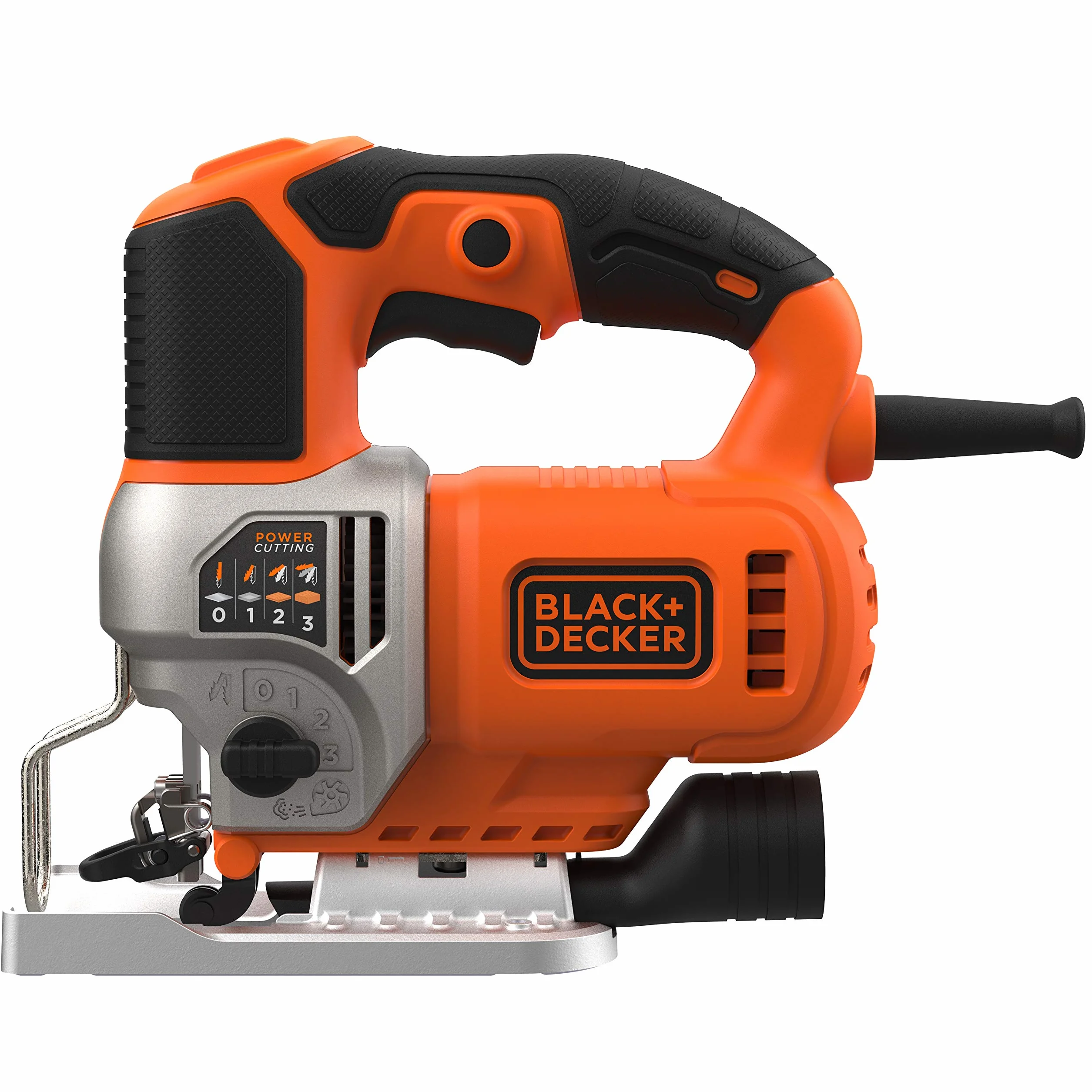 Black + Decker Elektroniczna wyrzynarka wahadłowa (650 W, 3 poziomy skoku, zmienna liczba skoków, głowica piły z odlewu ciśnieniowego, urządzenie do odsysania pyłu, do cięcia prostych, krzywych i skośnych) Bes610