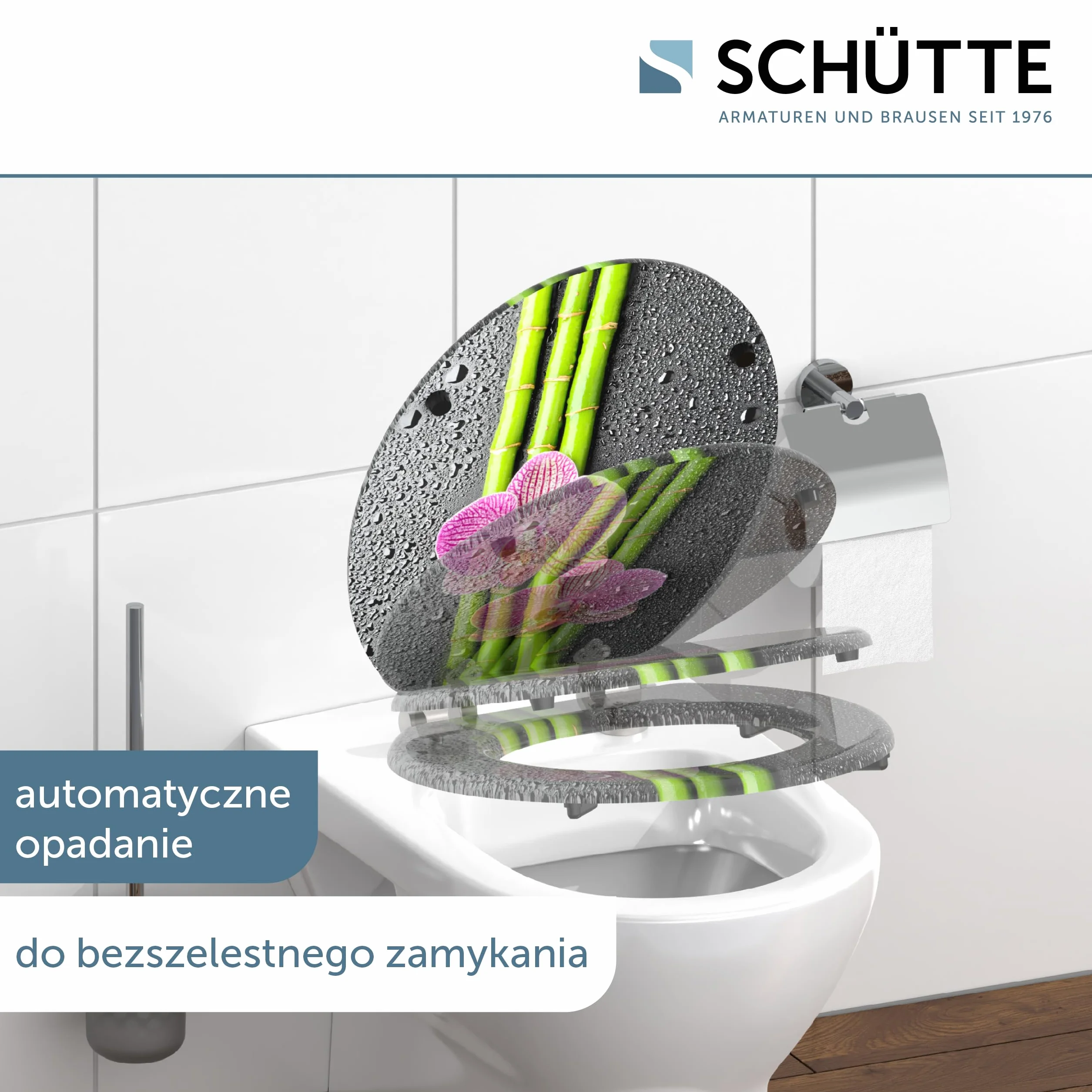 SCHÜTTE deska sedesowa drewniana ASIA, deska sedesowa z mechanizmem cichego domykania, pasuje do wielu standardowych misek WC, maks. obciążenie deski 150 kg, motyw orchidei 80121