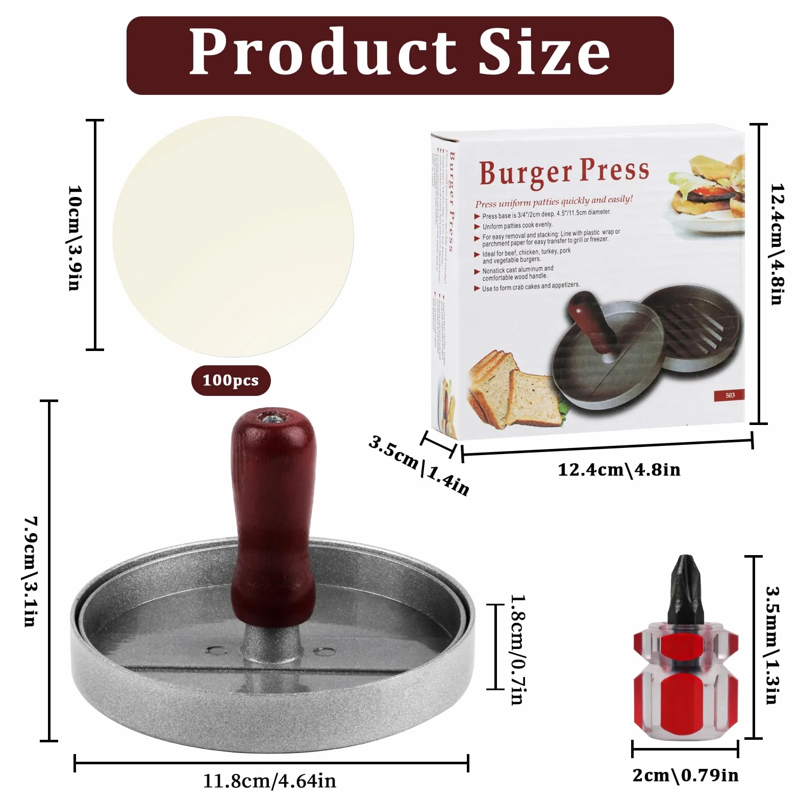 Prasa do burgerów, prasowarka do hamburgerów, forma do tworzenia kotletów, aluminumowy nieprzywierający twórca hamburgerów dla BBQ, zestaw z 100 arkuszy papieru silikonowego i śrubokrętem