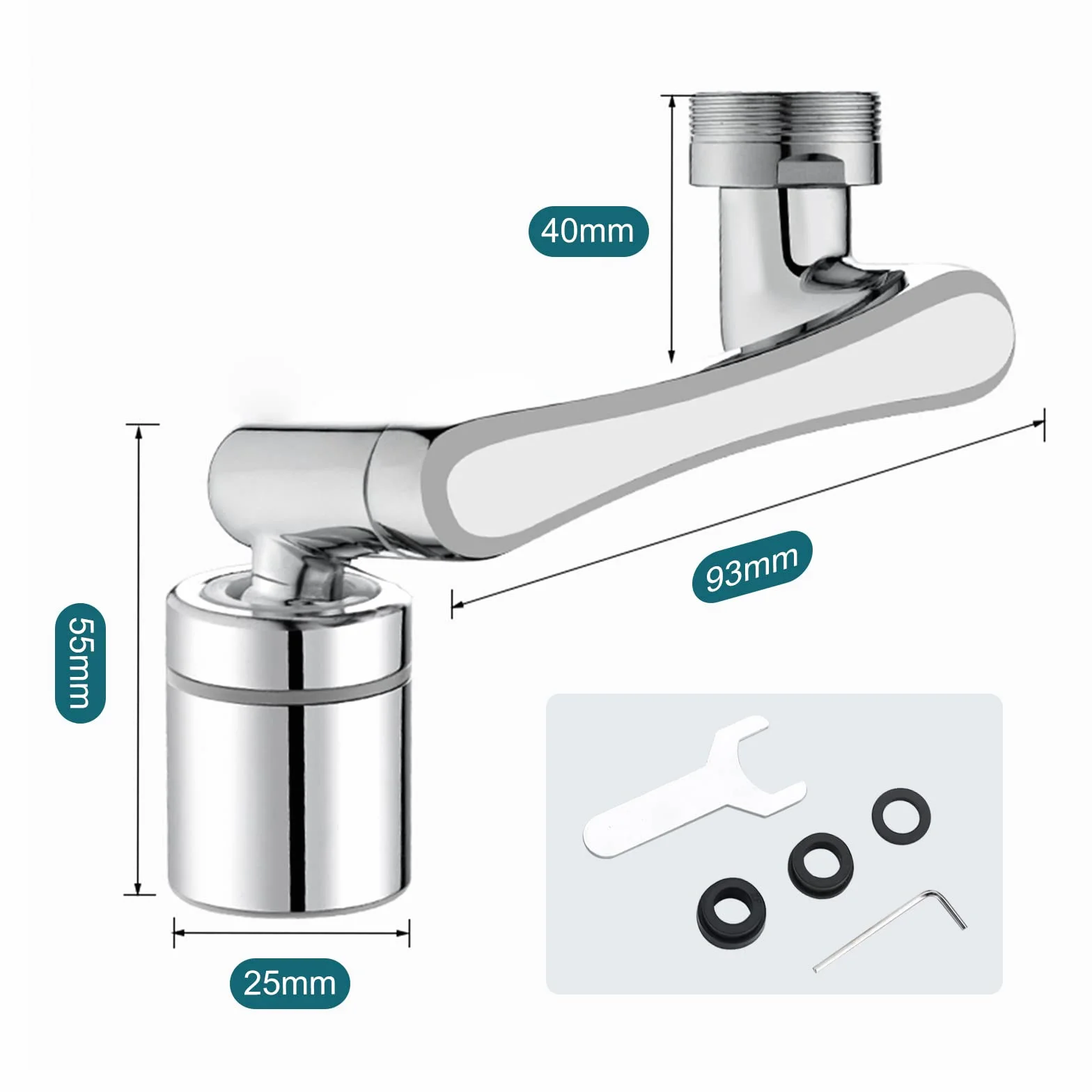 Bateria obrotowa 1080° + 360° z gwintem wewnętrznym 22 mm i gwintem zewnętrznym 24 mm, uniwersalny srebrny aerator z bateriami do kuchni / łazienki