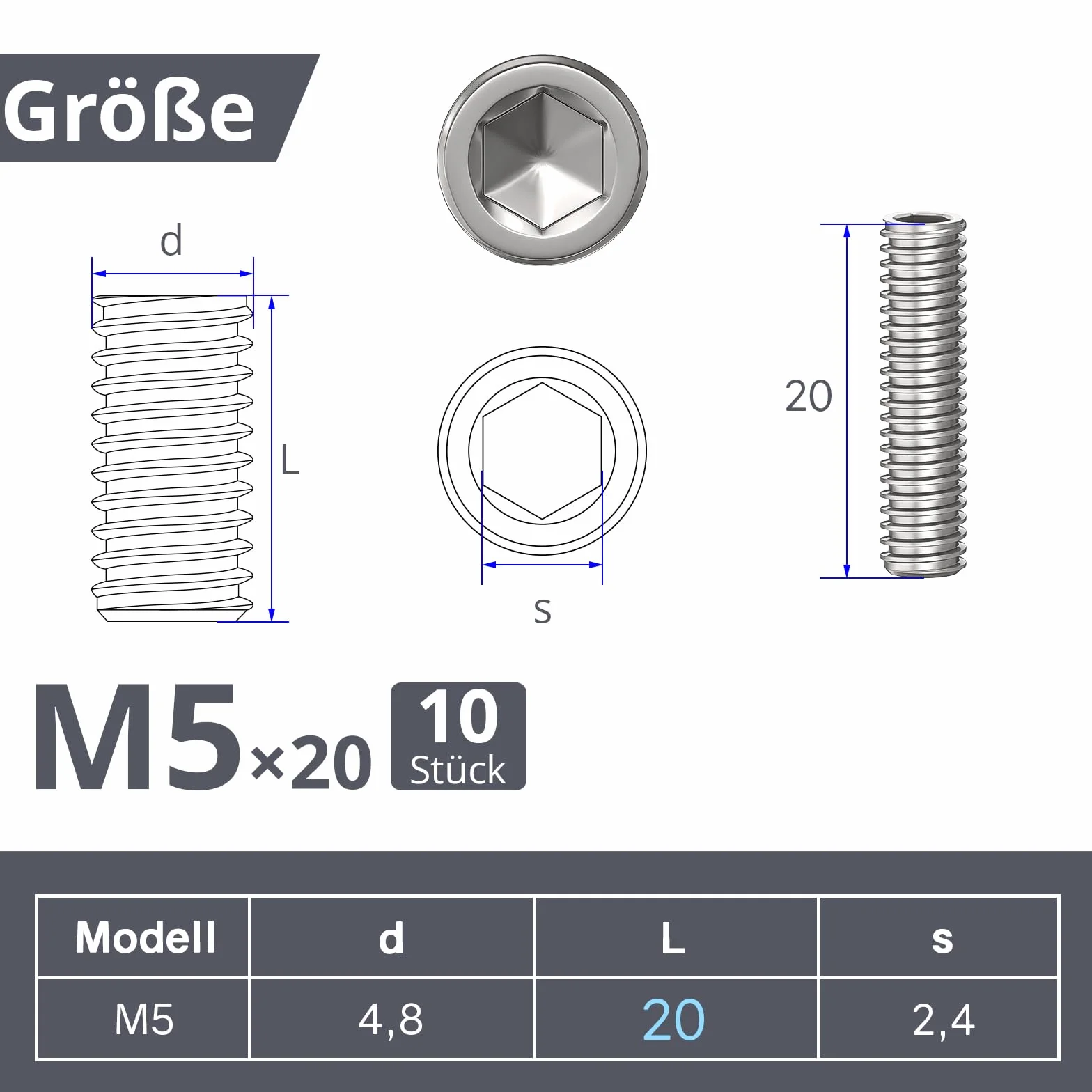 ORTAVA 10 sztuk śrub nastawnych, kołki gwintowane M5 x 20 mm DIN 913 / ISO 4026 z gniazdem sześciokątnym (ISK) i stożkowym kołkiem, śruba oczkowa ze stali nierdzewnej (srebrny)