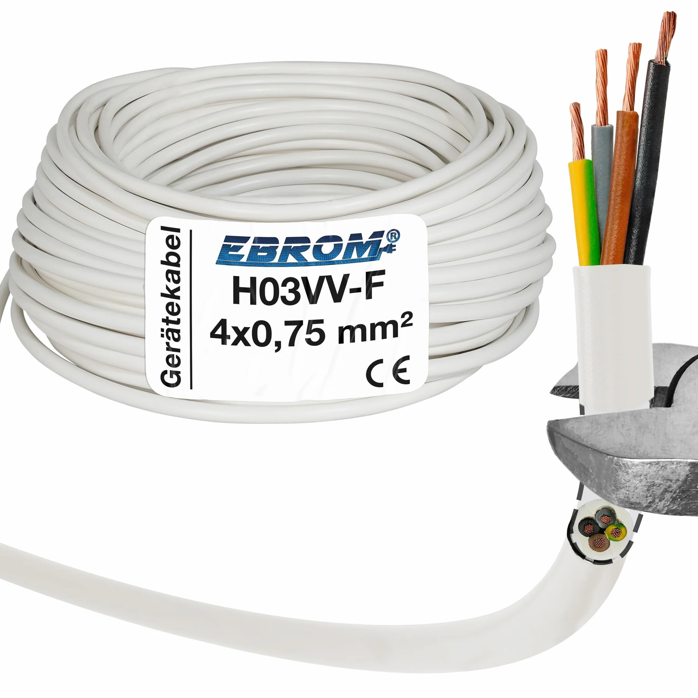 H03VV-F okrągły kabel z tworzywa sztucznego, LED, 4 x 0,75 mm² (mm2) 4G0,75, kolor: biały, 10 m