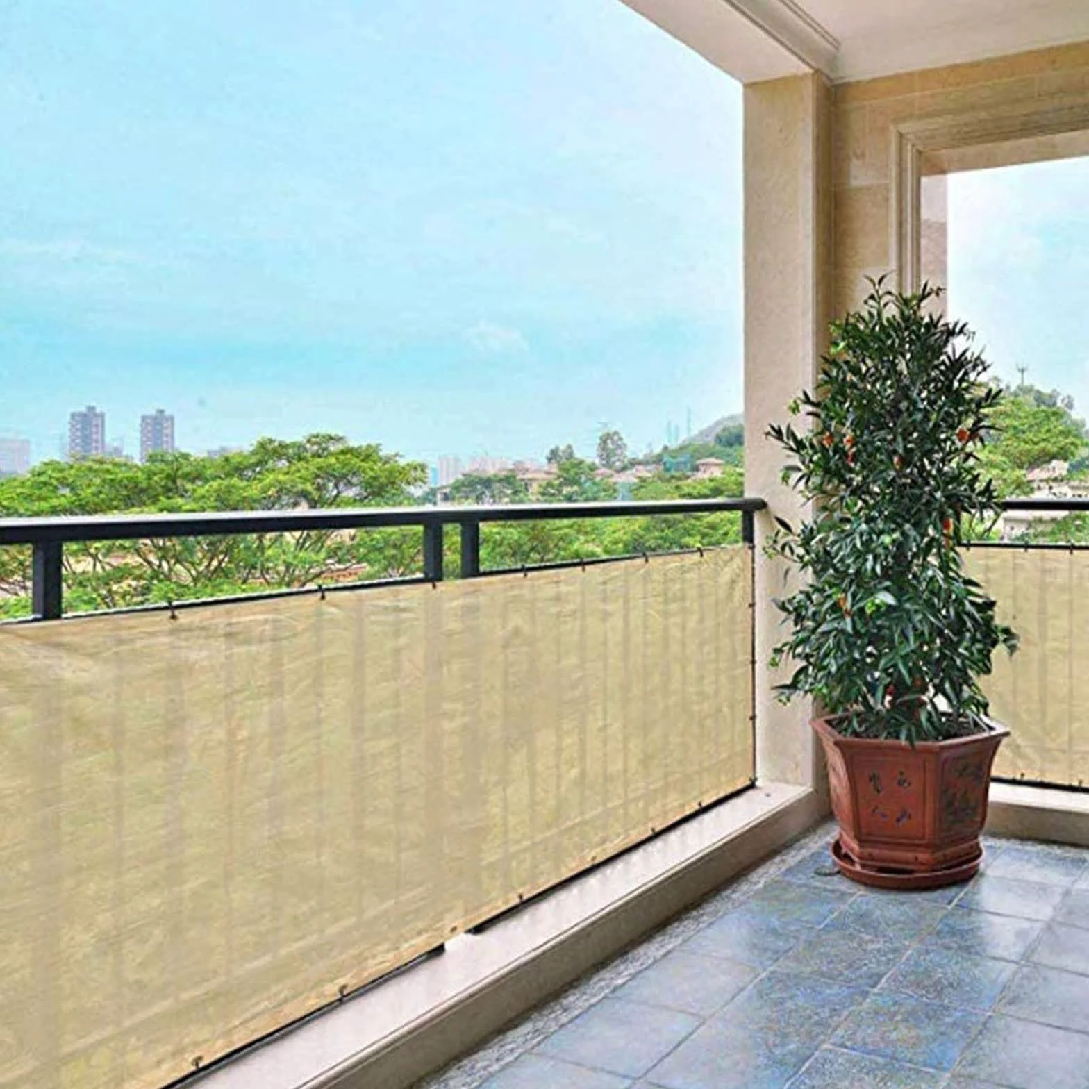 Balkon Ekran Prywatności Wiatr 100 x 450 cm Osłona z Oczkami Liny Brązowy
