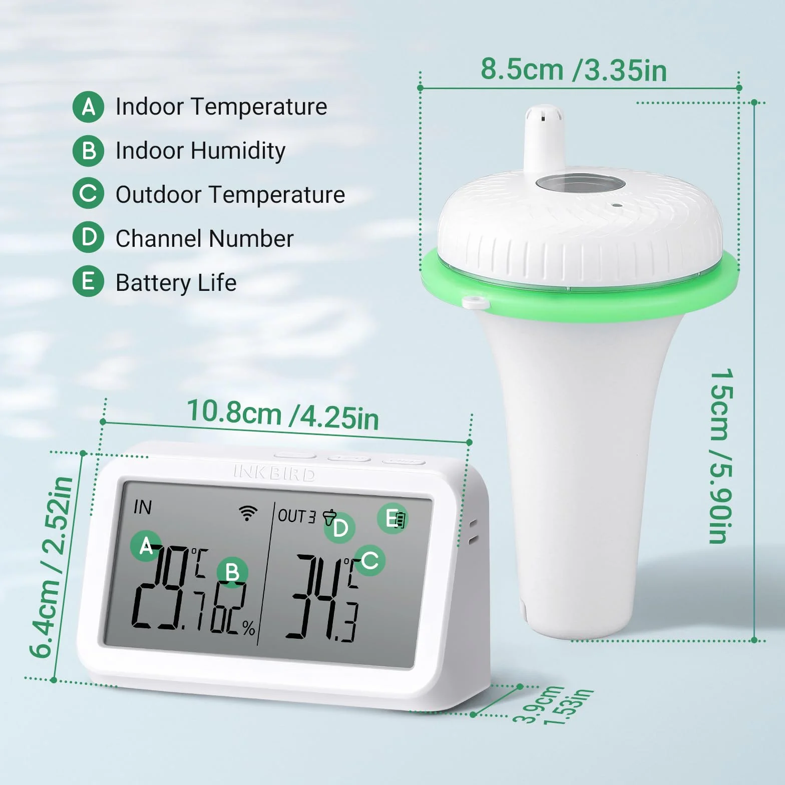 Inkbird IBS-P02R thermometer Basen z IBS-M2 Bramka WiFi, bediening via telefoonapp, 9-kanaals monitoring, digitale zwembadthermometer voor zwembaden, hot tubs, spa's en kleine vijvers