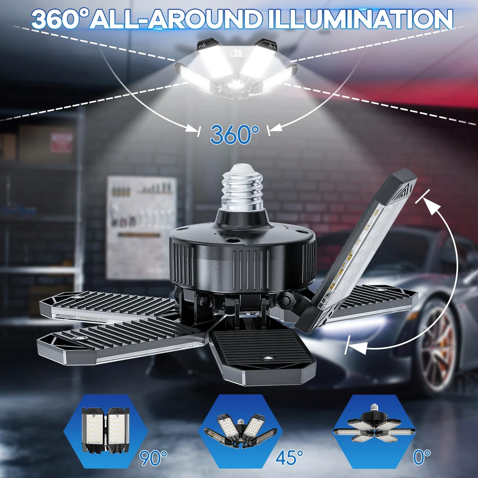 Lampa garażowa LED 160 W, 20000 lm, bardzo jasna, z 6 panelami odkształcalnymi, 6500 K, E26, E27, do warsztatu, magazynu, zatoki maks