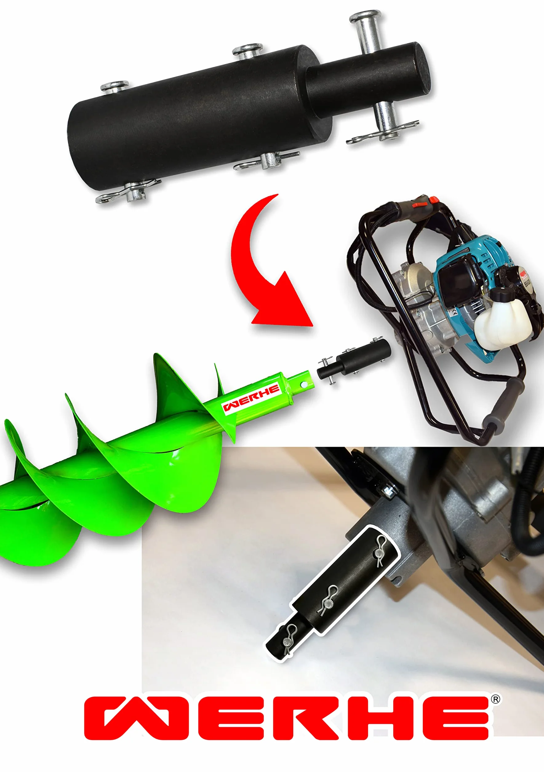 WERHE świder ziemny z podwójną spiralą Ø 250 mm, długość 80 cm | stal, chwyt 20 mm z adapterem 25/20 mm, SDS Max, głębokość robocza 60 cm, ok. 8 kg