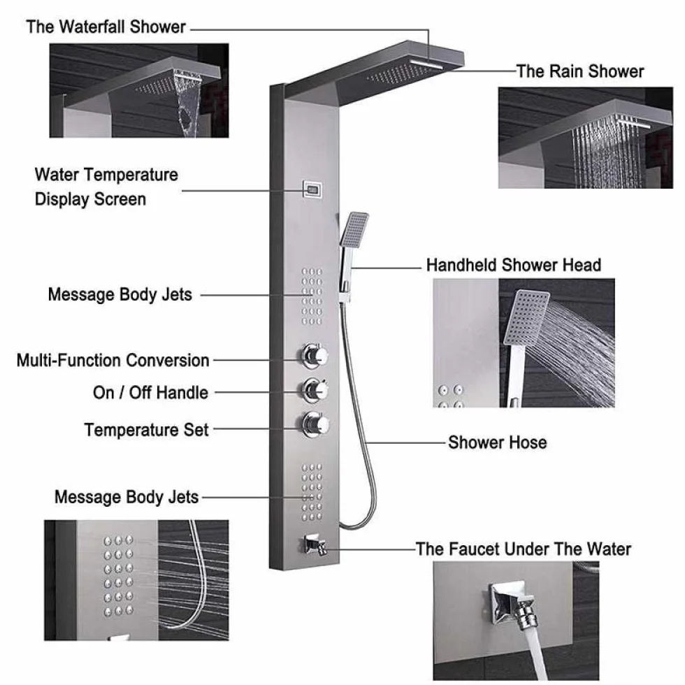 System Prysznicowy Bateria Prysznicowa Termostatyczny Panel Prysznicowy Wieża Ze Stali Nierdzewnej Kolumna Prysznicowa Cyfrowy Wyświetlacz Temperatury Dysze System Masażu