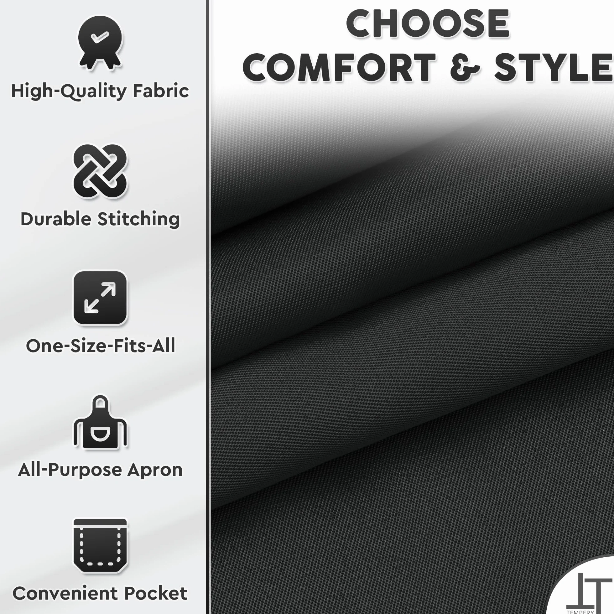 Adjustable Black Kitchen Apron for Men & Women - 80% Polyester 20% Cotton with Large Pocket