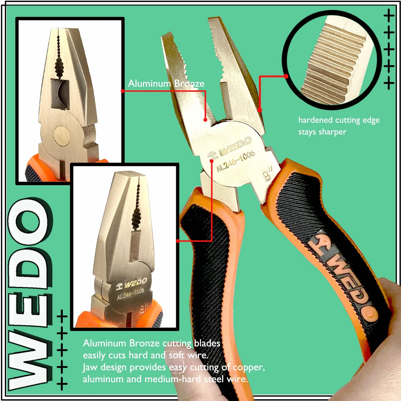 WEDO Nieiskrzące szczypce liniowe 17,8 cm, beziskrzące szczypce do cięcia bocznego, szczypce kombinowane, ściągacze drutu, zaciskarka, standard DIN, certyfikat BAM i FM, brąz aluminiowy