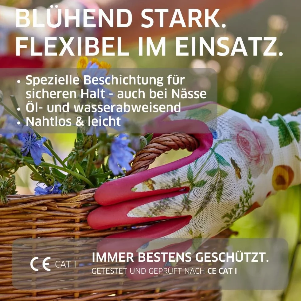 Gebol Gardeluxe "bee-friendly" Flower&Fruit | 1 para | rozm. 8/M | rękawice ogrodowe w stylu pszczół | edycja limitowana | bardzo miękka powłoka | przyjemne dopasowanie | dla kobiet | różowe, kolorowe