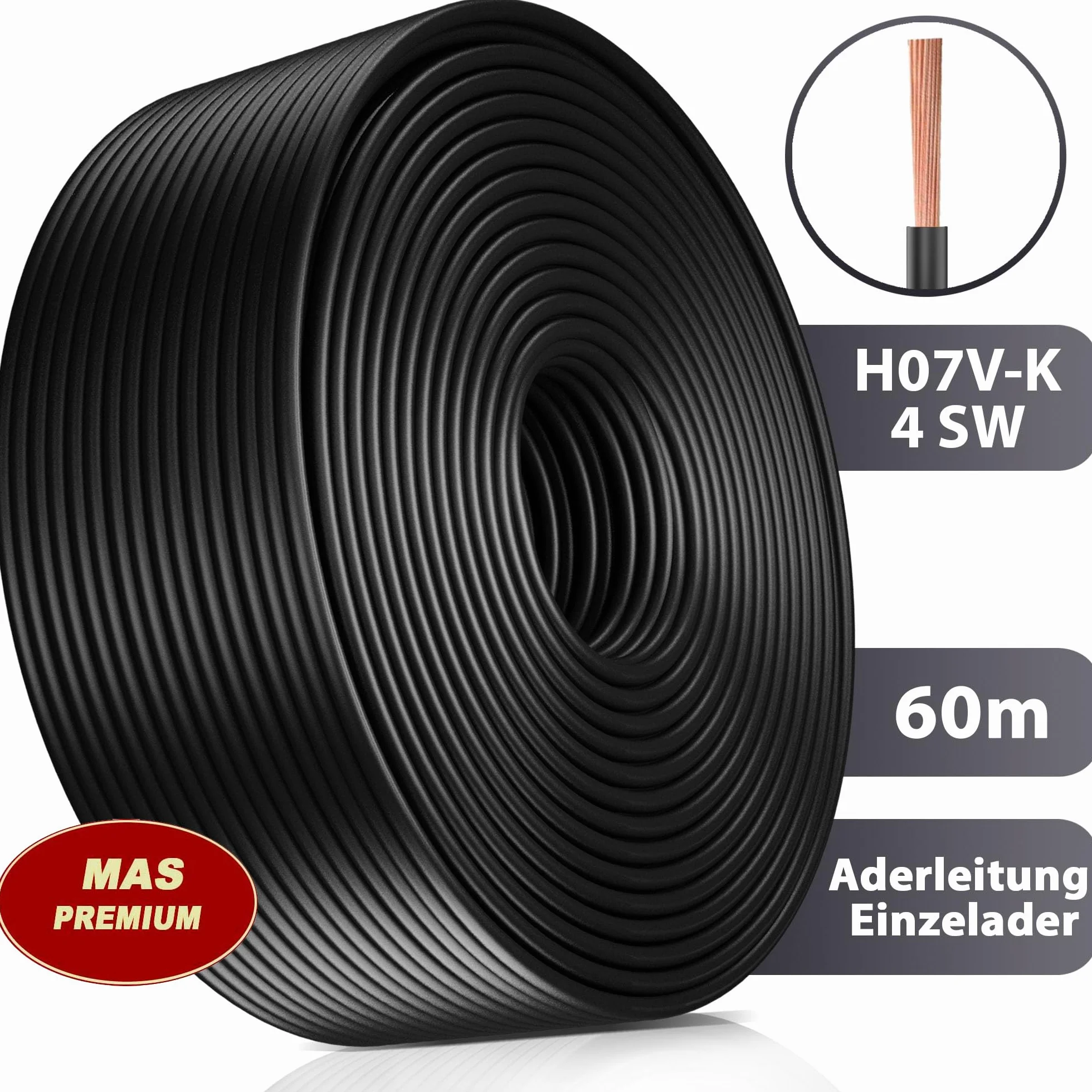 MAS Premium Przewód żyłowy H07 V-K 4 mm² od 5 do 100 m, czarny, brązowy, ciemnoniebieski, zielono-żółty, szary, jasnoniebieski, biały lub czerwony, pojedynczy kabel elastyczny (czarny, 60 m)