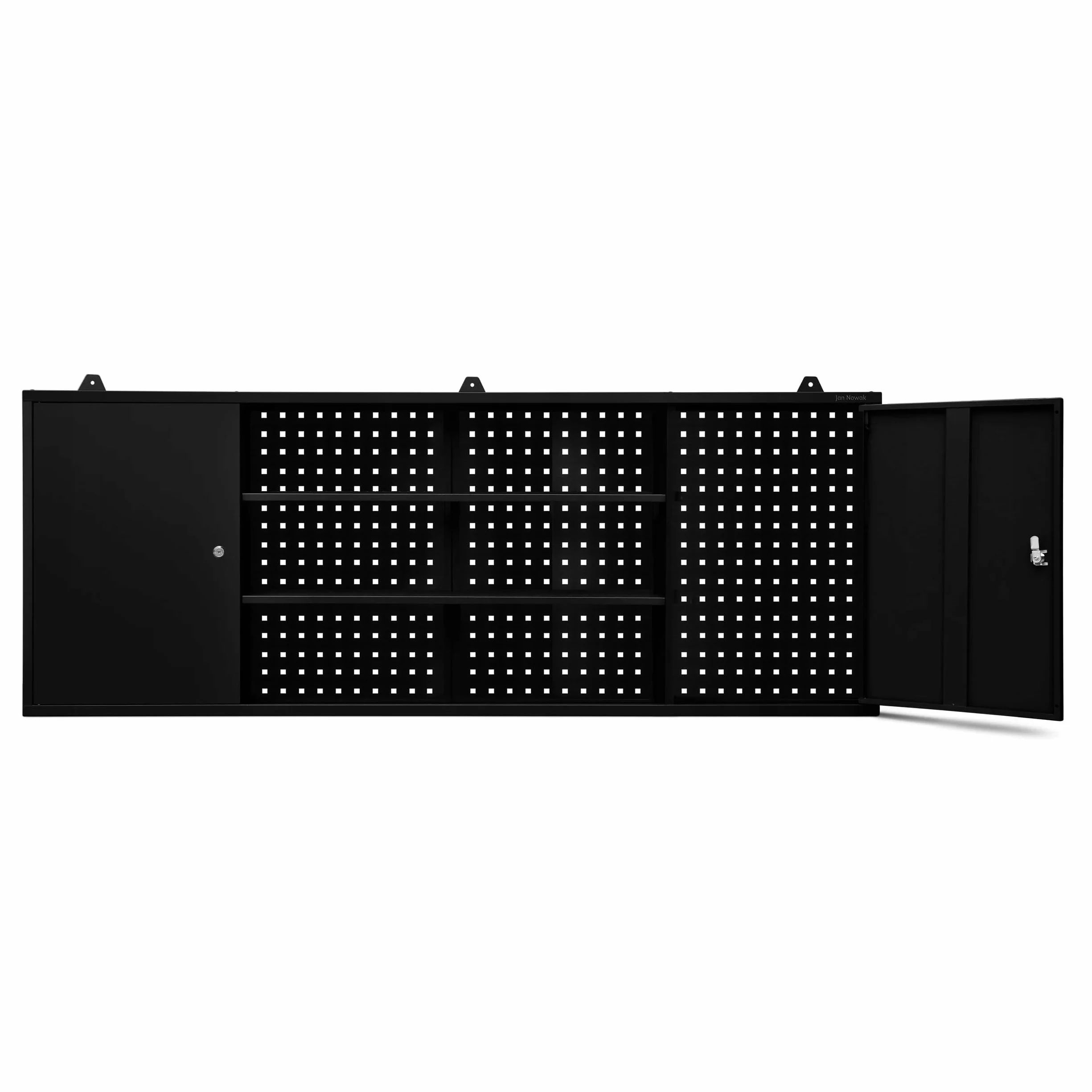 Jan Nowak Szafka do Warsztatu Wisząca Metalowa LEO | Perforowana Scianka 2 Zamykane Szafki Pojemne Półki na Narzędzia | 160 cm x 60 cm x 20 cm (Czarna)