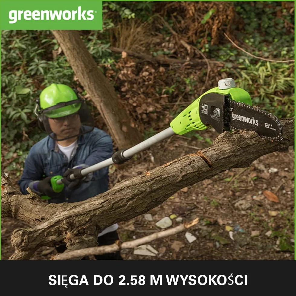 Greenworks G40PSFK2 Akumulatorowa Pilarka na Wysięgniku, Ostrze 20cm Szybkość Cięcia 8m/s 3,64 kg, Automatyczna Olejarka, Zbiornik Oleju 80ml, Zasięg 2.58m, Bateria 40V 2Ah i Ładowarka