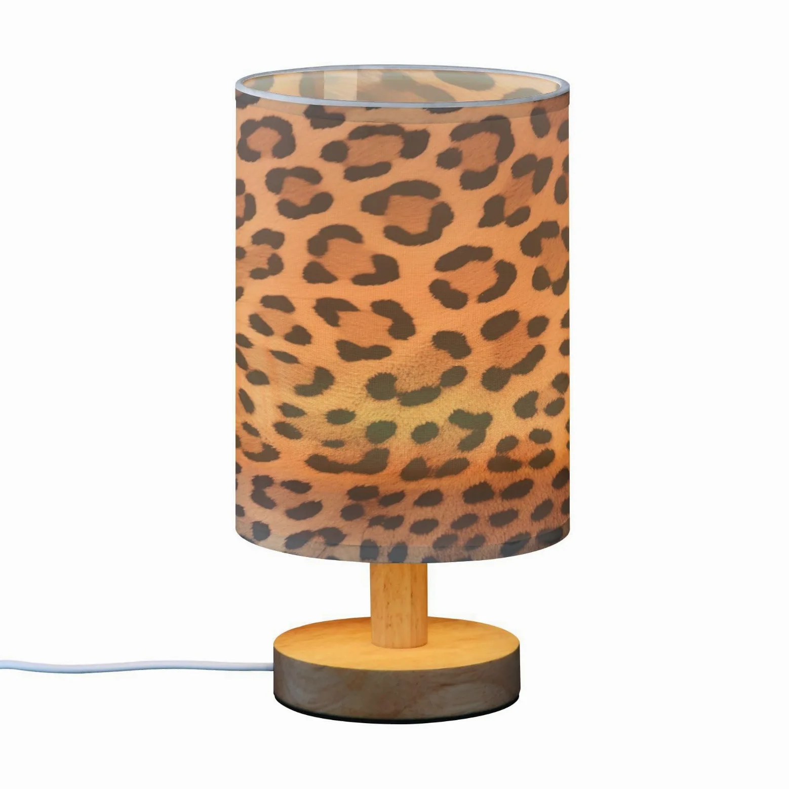 Lampa biurkowa LED USB z nadrukiem lamparta, mała lampka nocna z antypoślizgową drewnianą podstawą, cień, do salonu, sypialni, akademika, stylowe i funkcjonalne oświetlenie