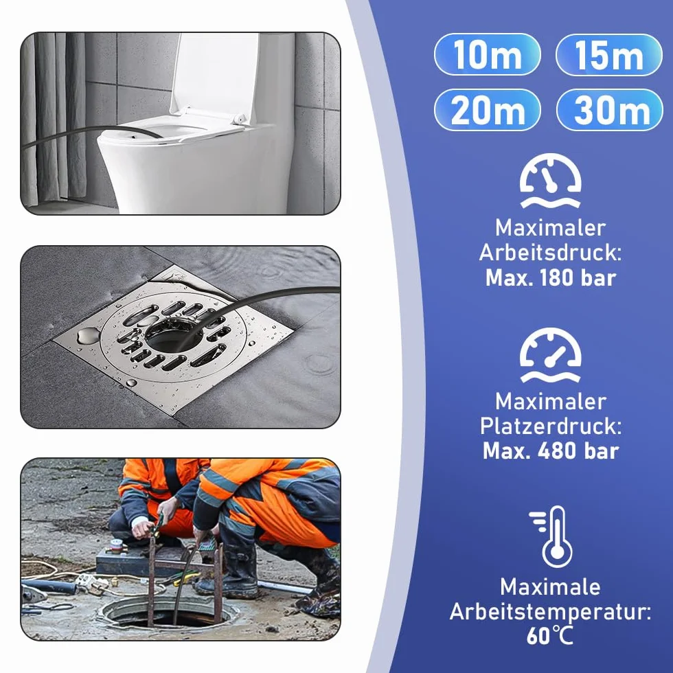 Wąż do czyszczenia 20 m 180 bar 60°C zestaw z torbą i dyszami