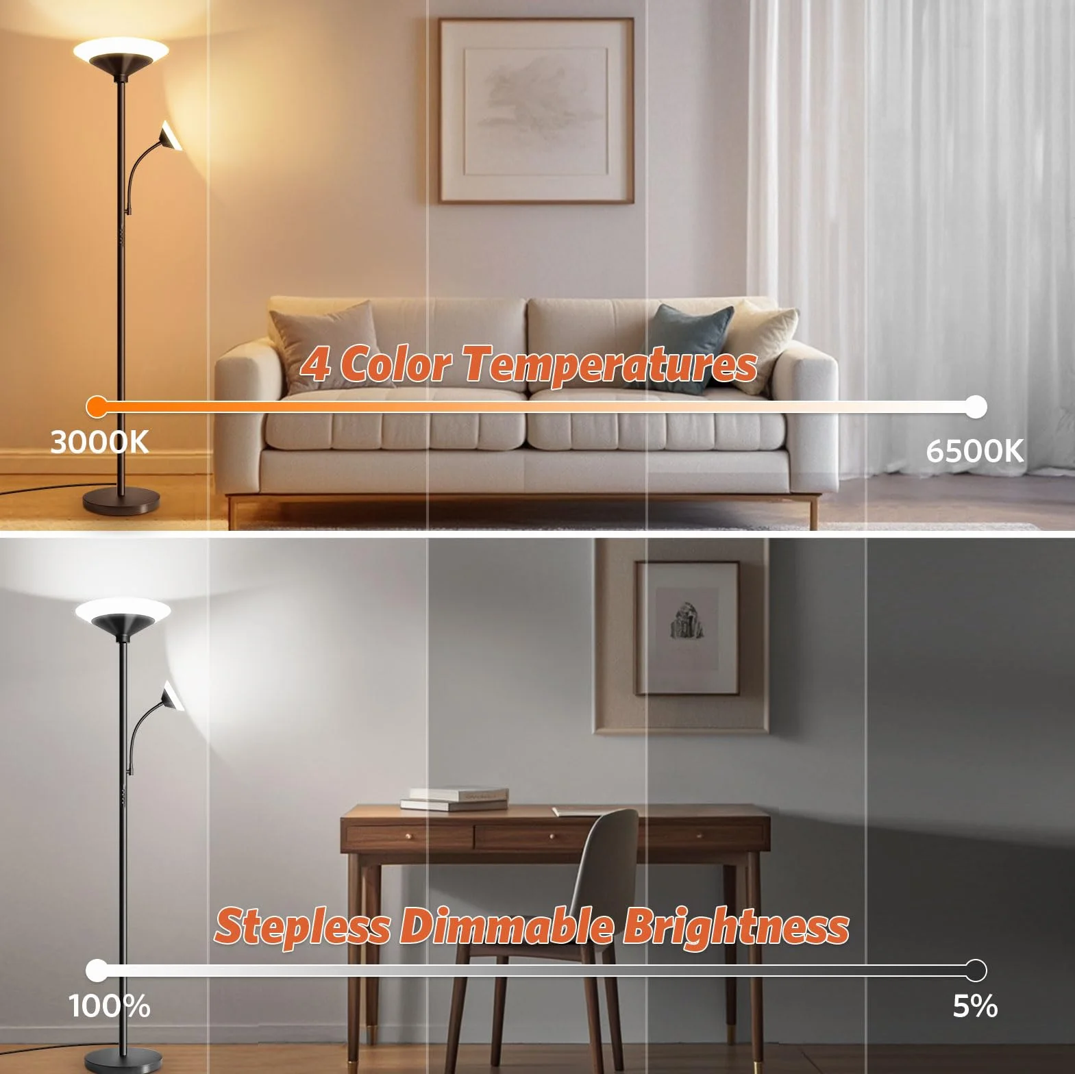 BBHome Lampa podłogowa LED do salonu, ściemniania, 27 W, lampa do czytania 6 W, nowoczesna lampa podłogowa z pilotem i dotykiem, do salonu, sypialni, biura