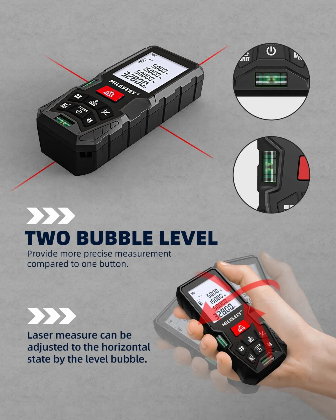 Dalmierz laserowy, MiLESEEY 100m Laser Meter z 2 poziomami pęcherzyków, dokładność±2mm, podświetlany ekran LCD i tryb Pitagoras, mierzy odległość, powierzchnię i objętość (D5T-100M)
