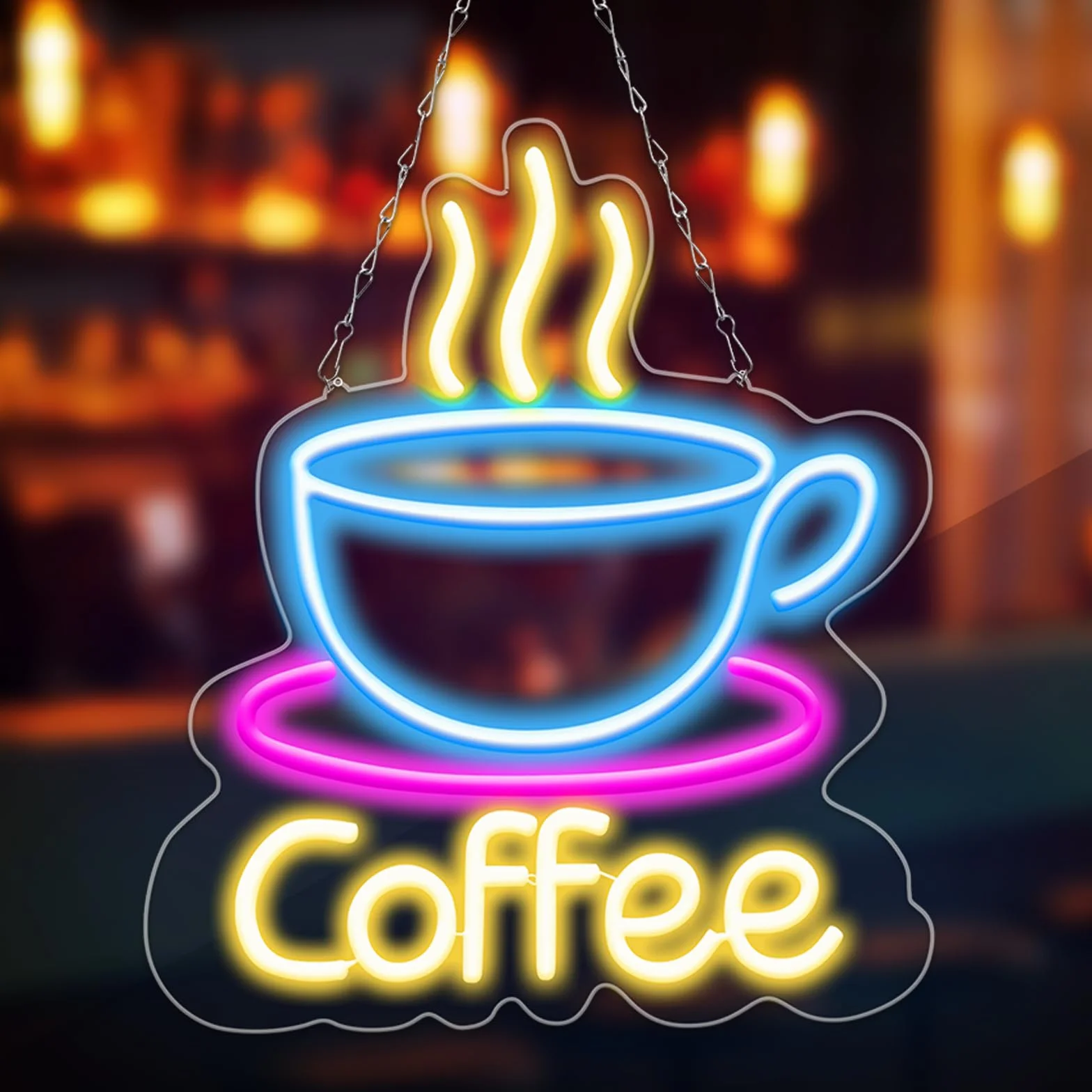 Coffee Neon Sign, reklama reklamowa LED, do kawy, neonowy szyld z przyciemnianym włącznikiem i łańcuchem wiszącym, zasilanie USB, do kawiarni, baru, salonu, dekoracja