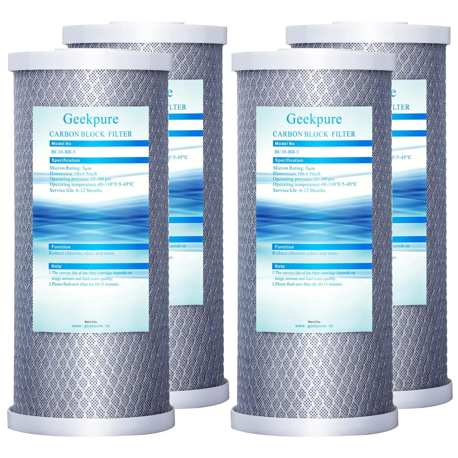 Geekpure 10-calowy filtr węglowy do całego domu 4,5" x 10" - 5 mikronów, opakowanie 4 szt