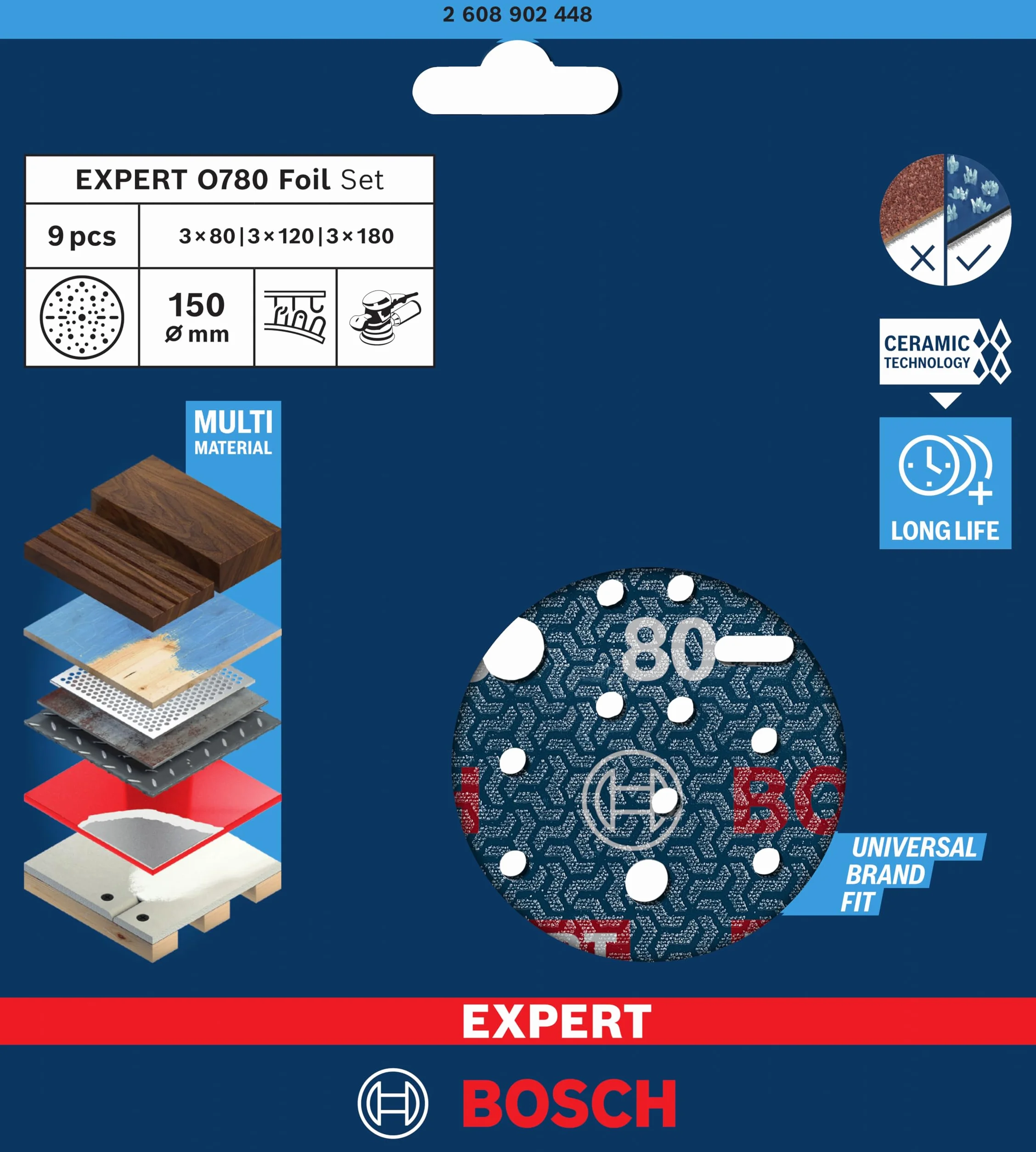 Bosch 50x EXPERT O780 zestaw tarcz szlifierskich do folii, 150 mm, 9-częściowy (do twardego drewna, farba na drewnie, Ø 150 mm, ziarnistość 3 x 80, 3 x 120, 3 x 180, profesjonalne akcesoria szlifierka