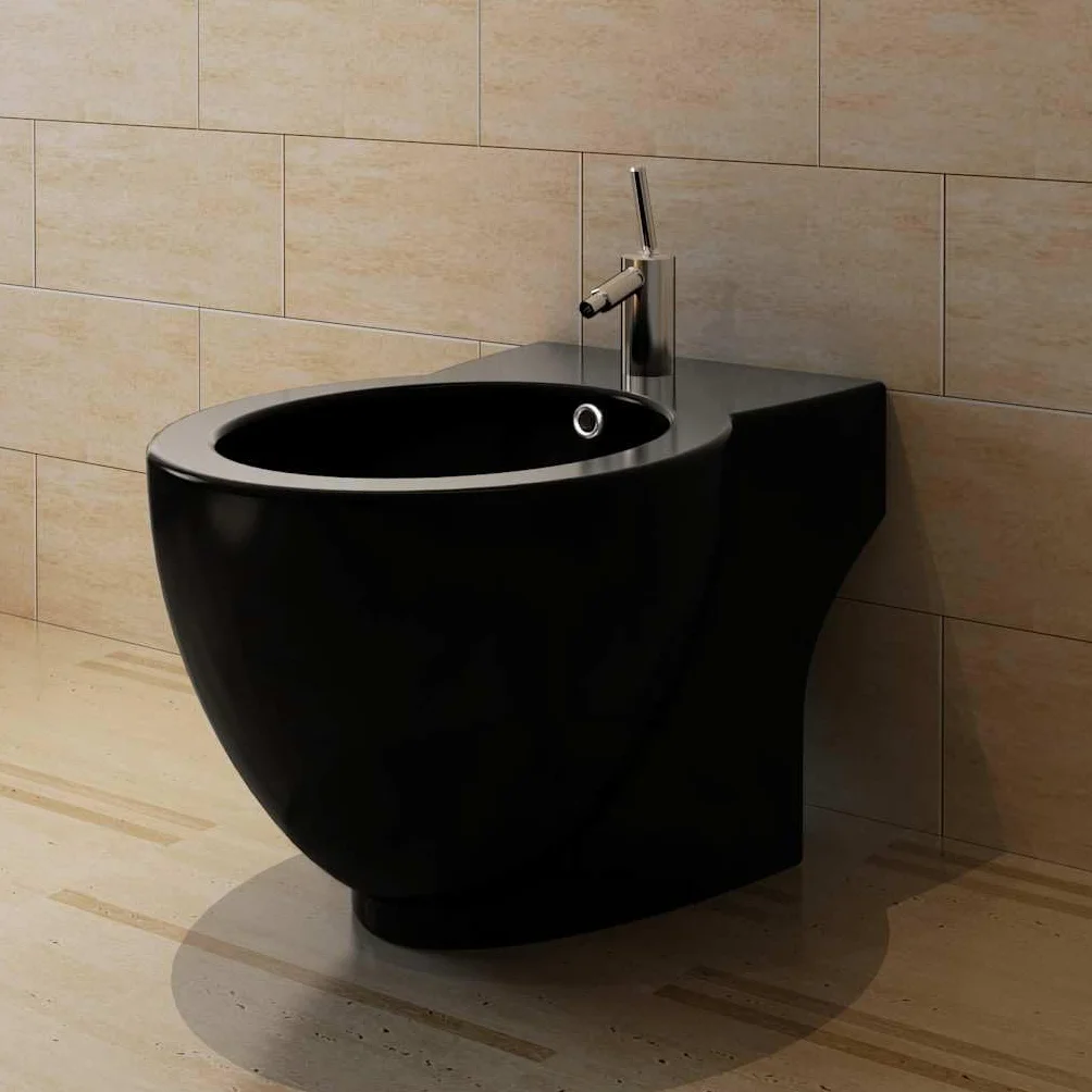 Stojący bidet stojący z ceramiki czarny 58 x 40 x 40 cm do łazienki, otwór na kran 35 mm, odpływ 40 mm, bez armatury do dodatkowego wyposażenia