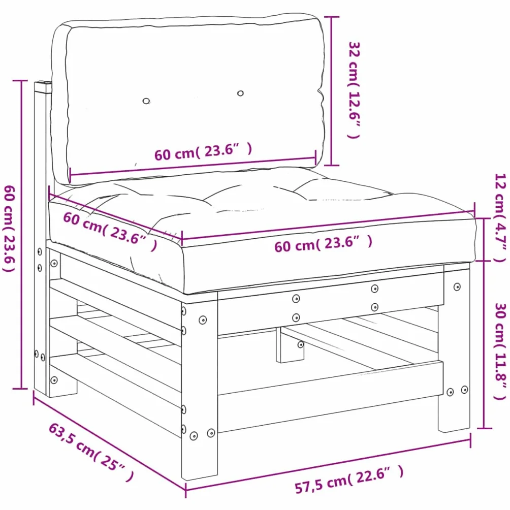 vidaXL Siedzisko środkowe z poduszkami, lite drewno sosnowe, sofa do ogrodu