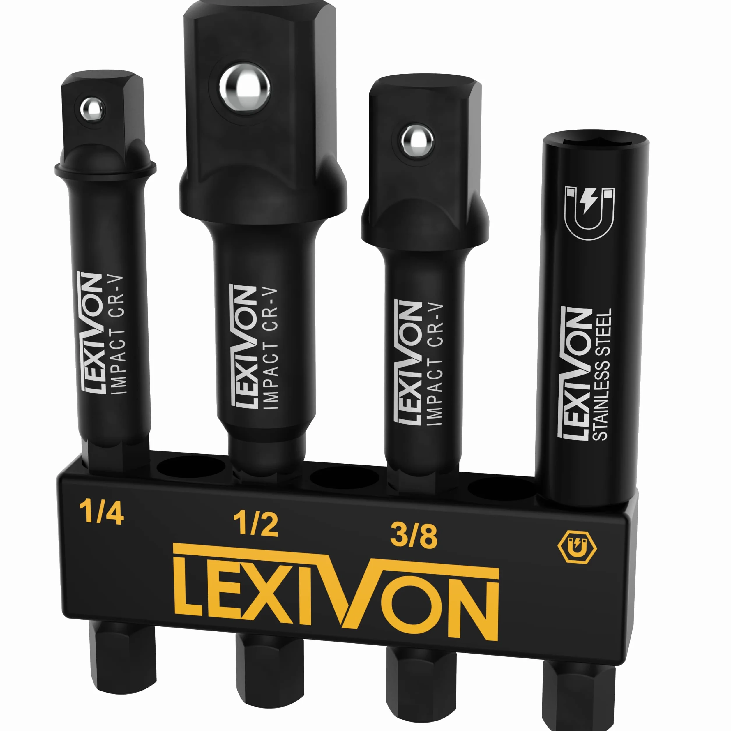 LEXIVON Adapter gniazda udarowego i zestaw magnetycznych uchwytów bitowych | 4 sztuki przedłużek chwytu sześciokątnego 1/4 cala do 1/4 cala, 3/8" i 1/2" | zawiera stojak organizera (LX-104)