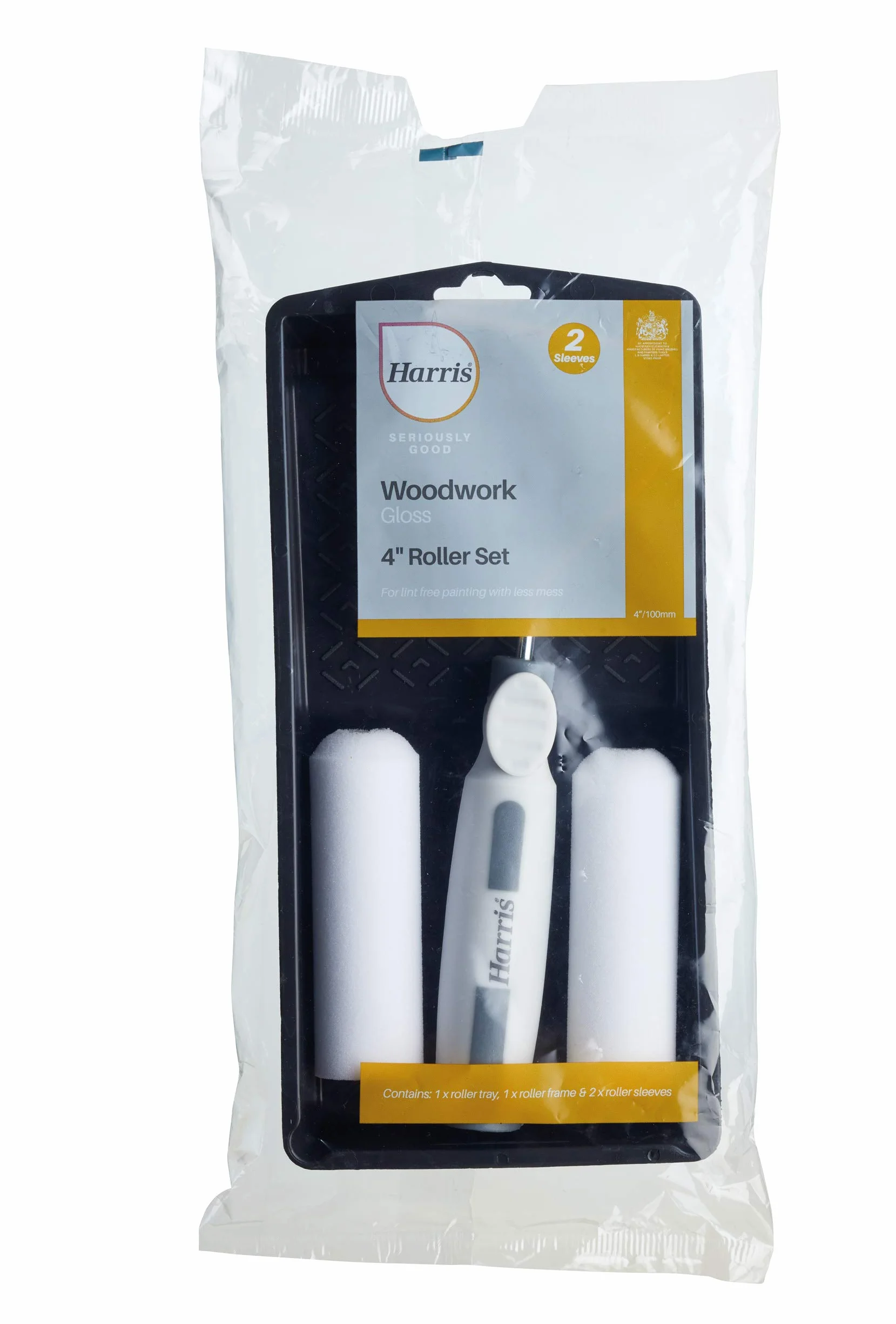 Harris Seriously Good Zestaw mini rolek do obróbki drewna, 10 cm, zestaw zawiera: tacę, ramę rolkową, 2 x tulejki z połyskiem 10 cm