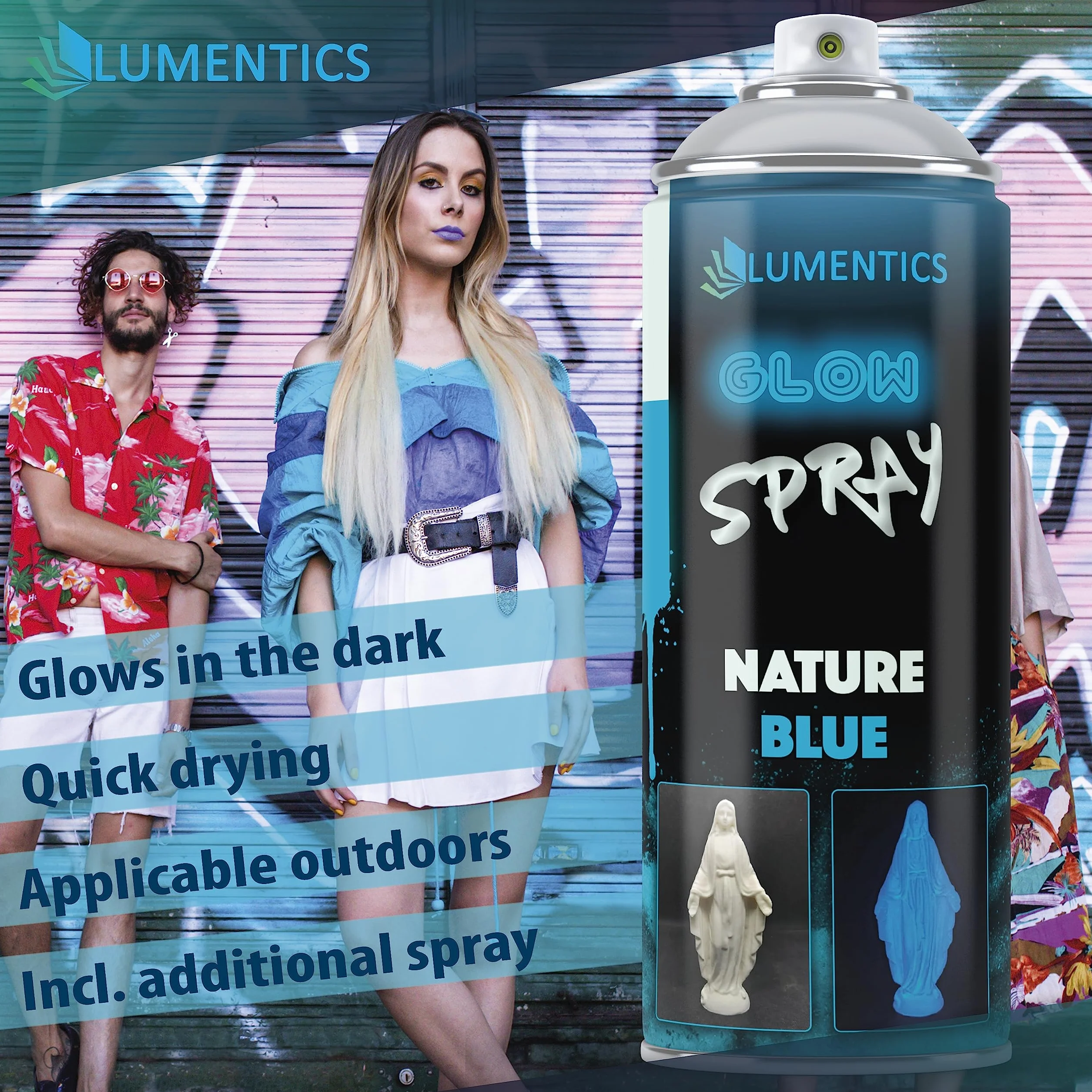 LUMENTICS Świecący spray naturalny niebieski – świecący w ciemności – Made in Germany – puszka sprayu 400 ml z dodatkową nasadką