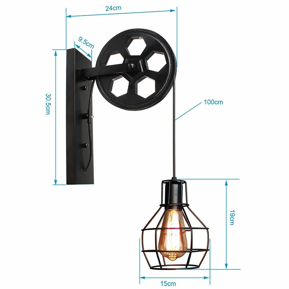 Lampa ścienna Vintage Industrialna Kinkiet Pulley Wewnętrzny Retro Lampa Wisząca E27 Metal Klatka Czarny Loft Stylu dla Sypialnia Regulowana Lina 60W Kinkiet (3 szt)