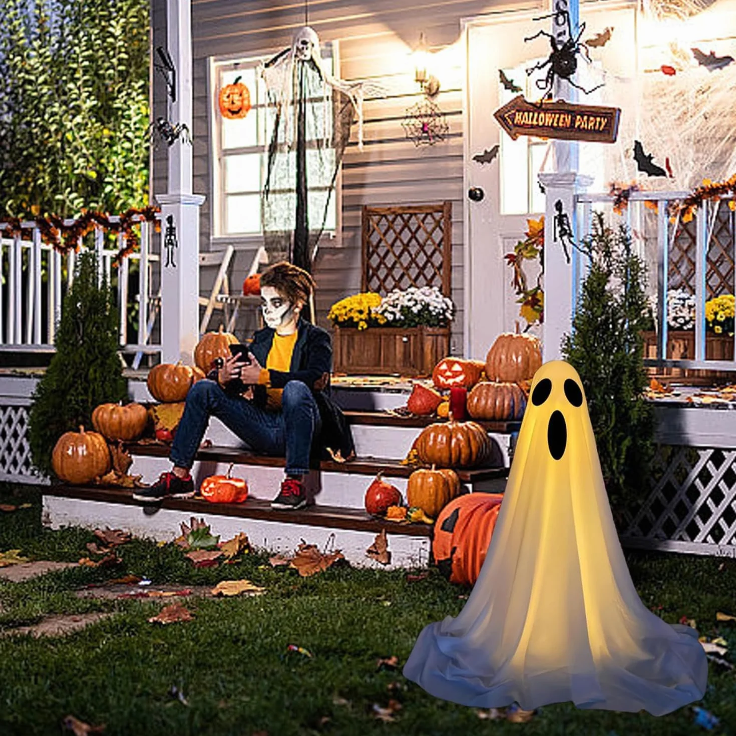 dekoracja na Halloween, stojący duch ze światłami, 165 cm, podświetlane, białe duchy dla podwórek, werandy, trawników, domów, imprez, Spooky Ghosts
