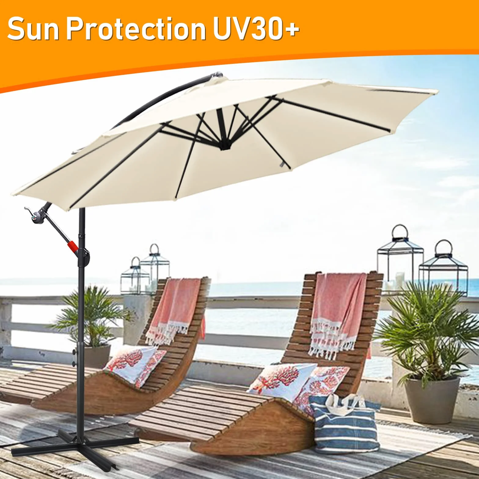 Fiqops Solarny parasol przeciwsłoneczny LED, Ø 350 cm, z korbą, aluminiowy parasol ze stojakiem, ochrona przed promieniowaniem UV, aluminium, na korbę, do ogrodu