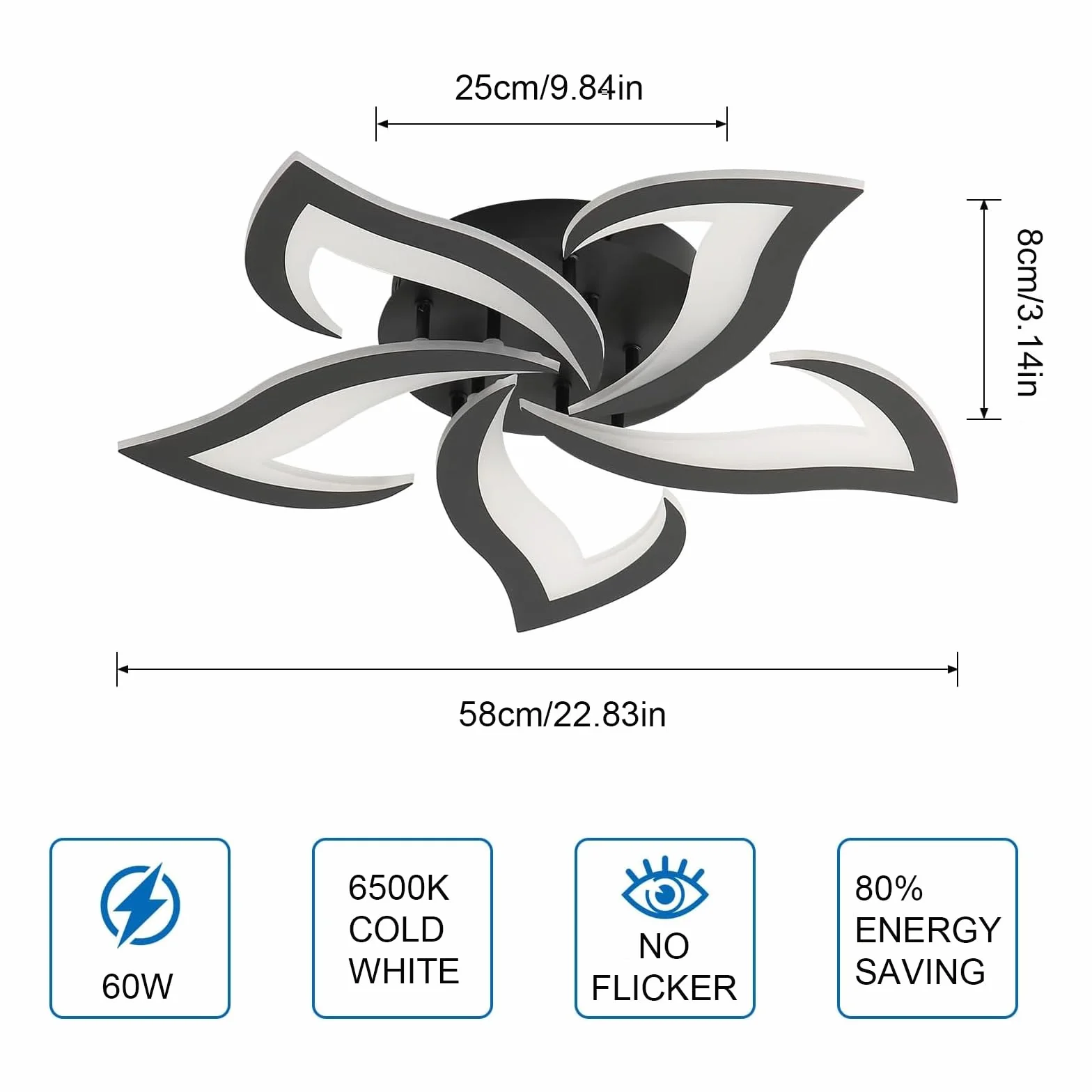 Comely Lampa sufitowa, Plafon LED 60 W 6750 LM, zimna biel 6500K, czarna nowoczesna lampa sufitowa do sypialni, salonu, jadalni (średnica 60 cm)