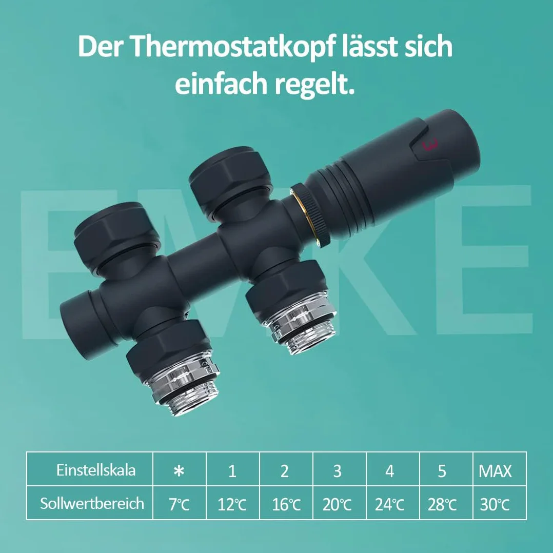 EMKE Multiblock, przyłącze środkowe, blok kranowy, kształt narożny i przelotowy 50 mm, zawór grzejnikowy z termostatem do grzejników łazienkowych, antracyt (φ16 mm x G1/2", 1 sztuka)