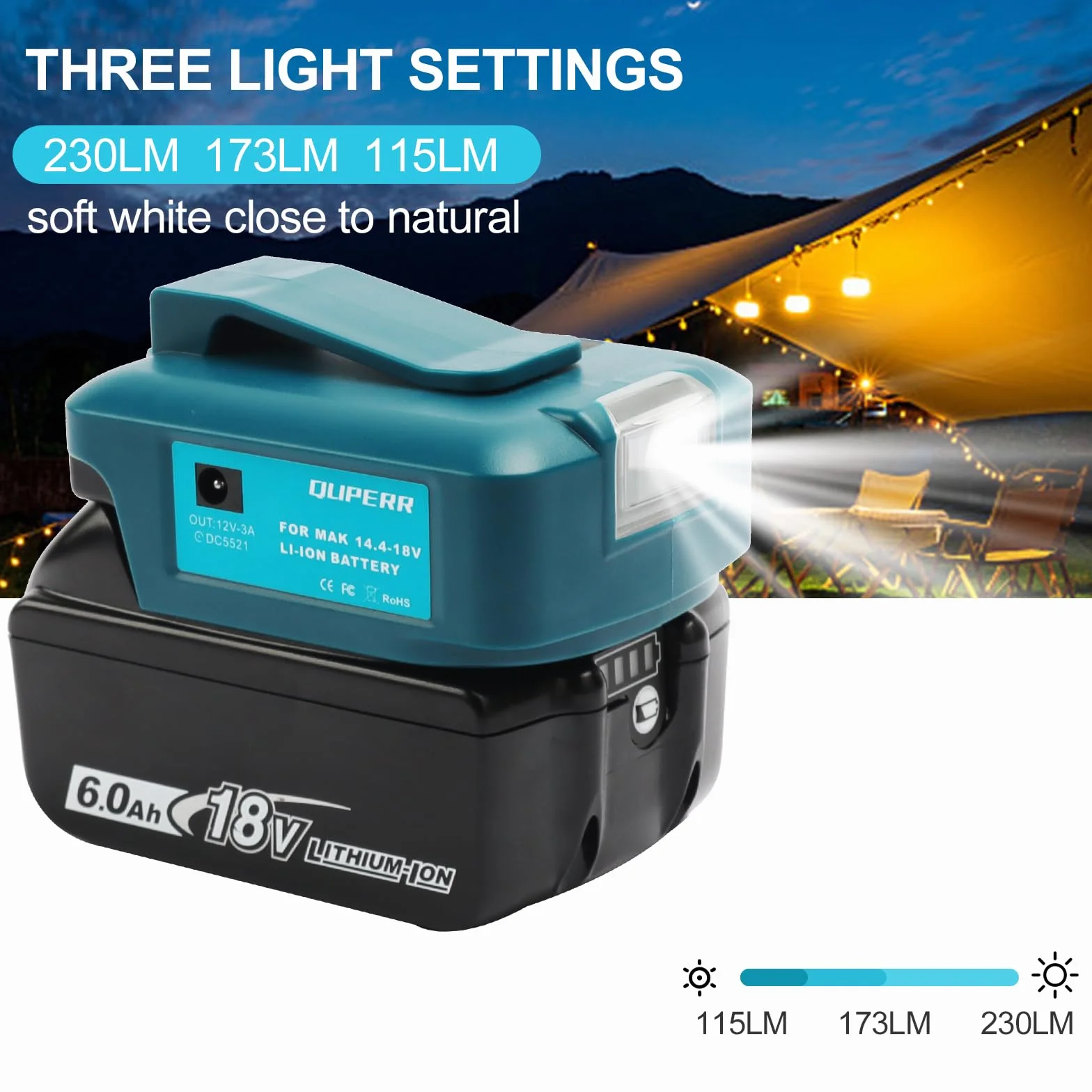 QUPERR- Adp05 Power Source Adapter do baterii roboczych do Makita 14,4 V i 18 V z parą interfejsu ładowania telefonu USB, z bezprzewodową latarką z portem DC（Adapter tylko）