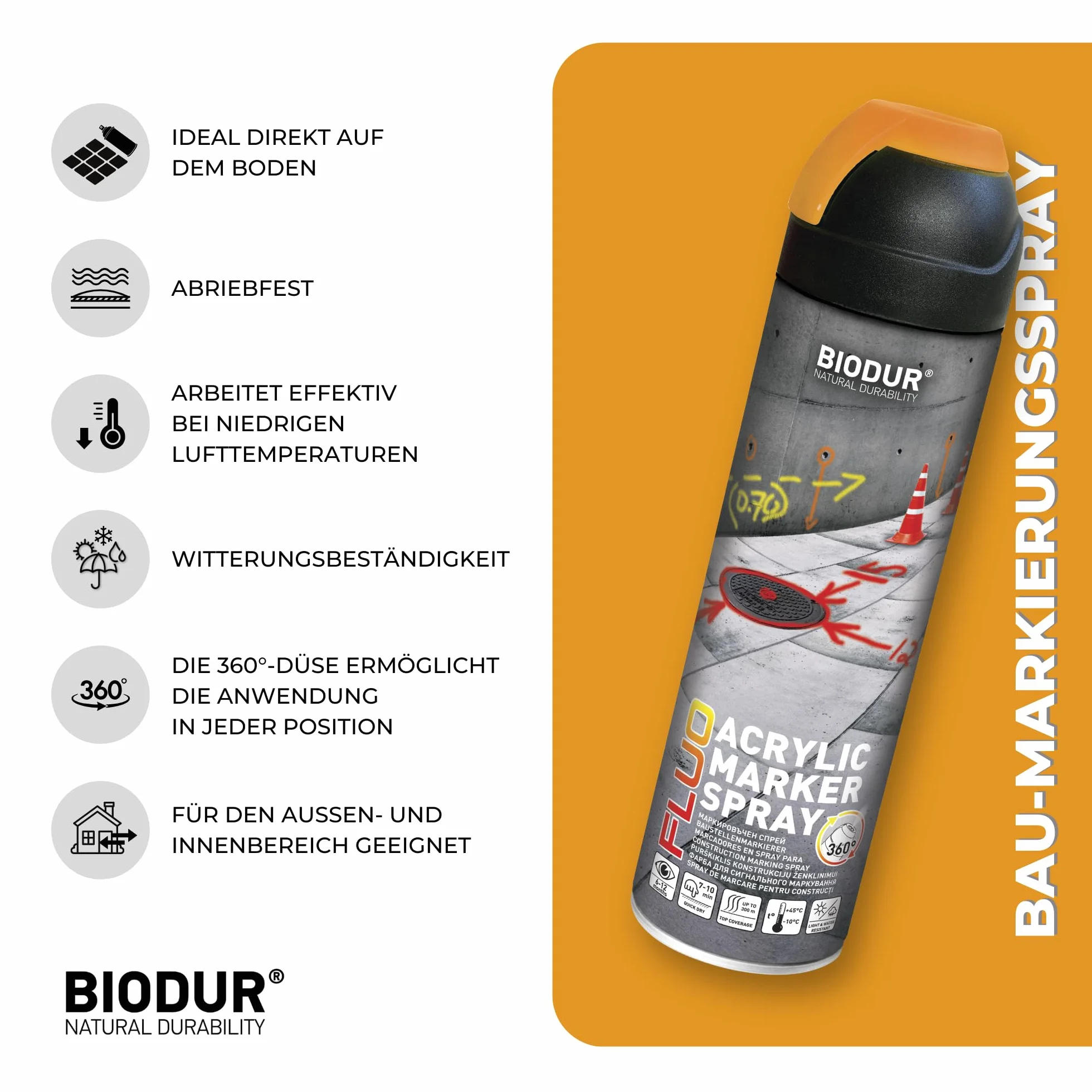 500 ml Biodur znacznik budowlany spray do znakowania farba sygnalizacyjna spray do oznakowania kolor pomarańczowy