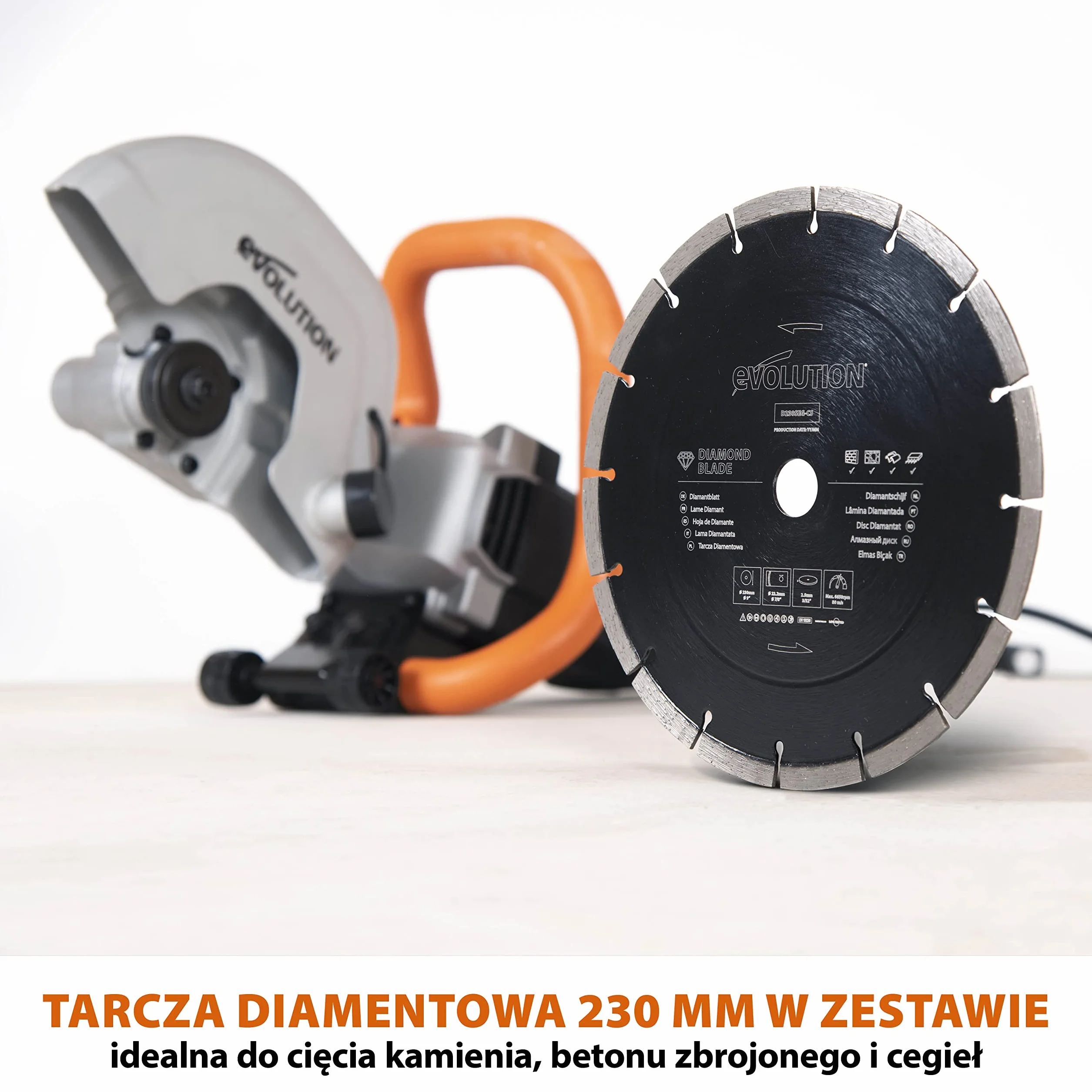 Evolution Power Tools Elektryczna przecinarka tarczowa i pilarka do betonu R230DCT z tarczą diamentową 230 mm (9”) do cięcia kamienia i metalu