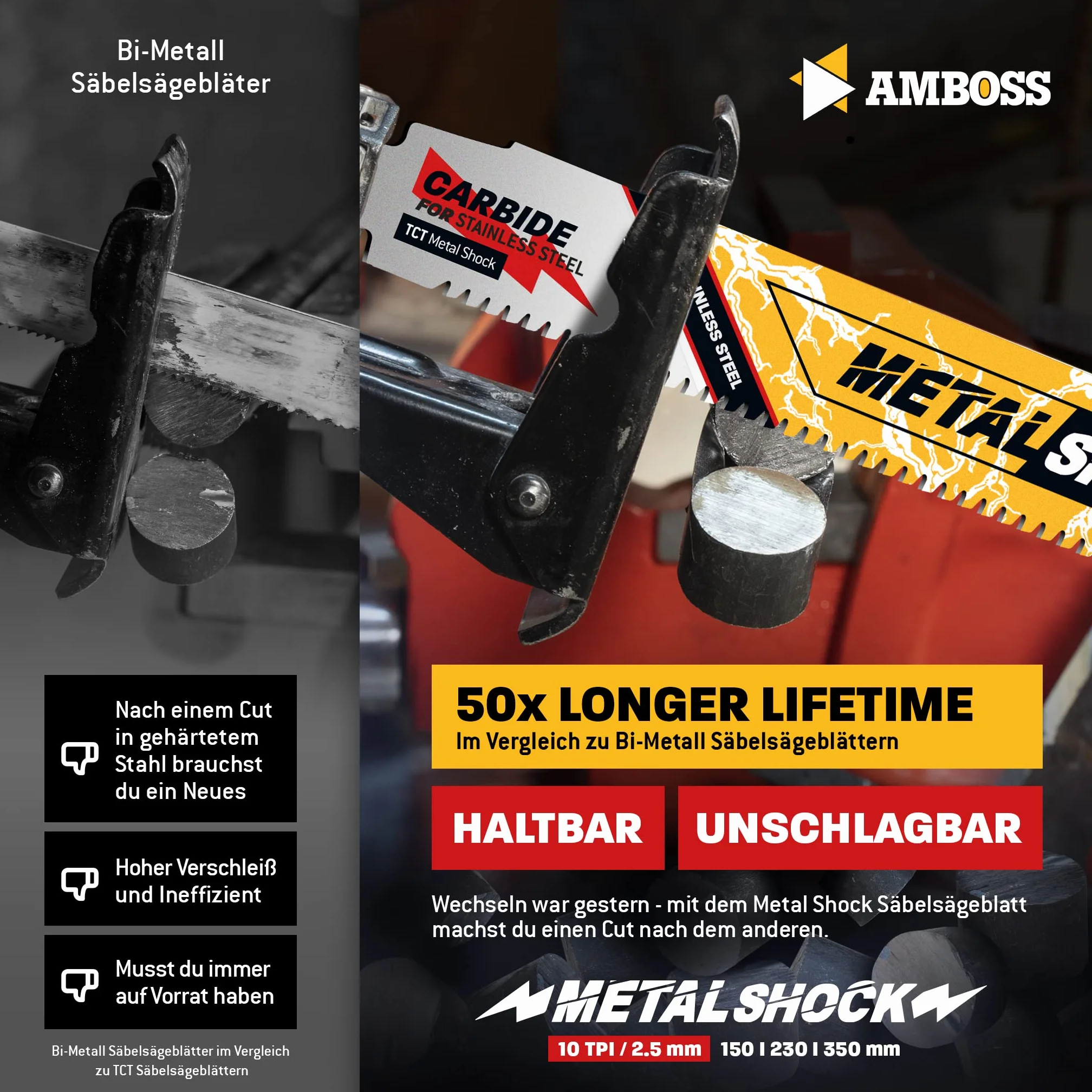 AMBOSS METAL SHOCK - 10 x brzeszczot do piły szablastej długość 230 mm / 10 ZpZ - idealny do odrywania/ montażu / demontażu/budowy rur - nadaje się do stali nierdzewnej oraz stali (rury/profile/nośniki) oraz rur żeliwnych