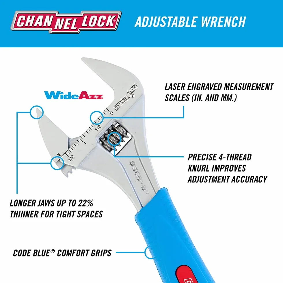 Channellock 8WCB 8-calowy klucz nastawny WideAzz | 1,5-calowy szeroki otwór szczękowy | Precyzyjne uchwyty szczękowe szczelne nawet w ciasnych przestrzeni| Waga pomiarowa grawerowana na narzędziu |