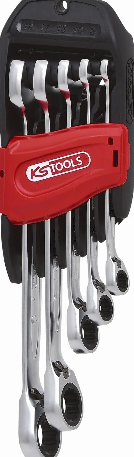 KS Tools 503.4605 GEAR+Zest kluczy plasko-oczk z grzechot. przelaczalnych, 5-szt, na zawieszkach