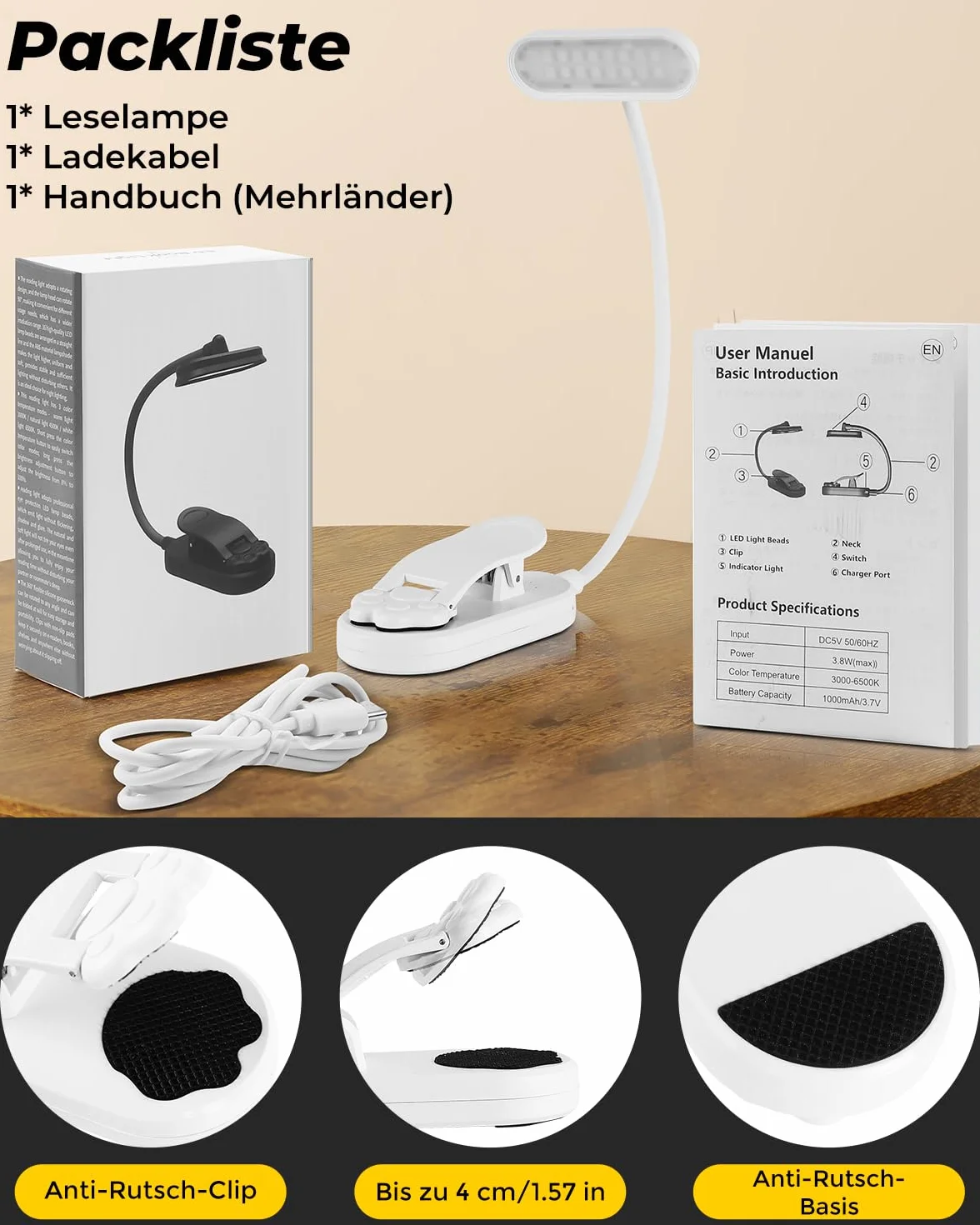Bonsery Lampa do czytania książek, zacisk 360°, elastyczna, USB C, 16 diod LED, z bezstopniowym ściemnianiem i 3 dopasowaniem kolorów, lampka zaciskowa, lampka do czytania w nocy, biała