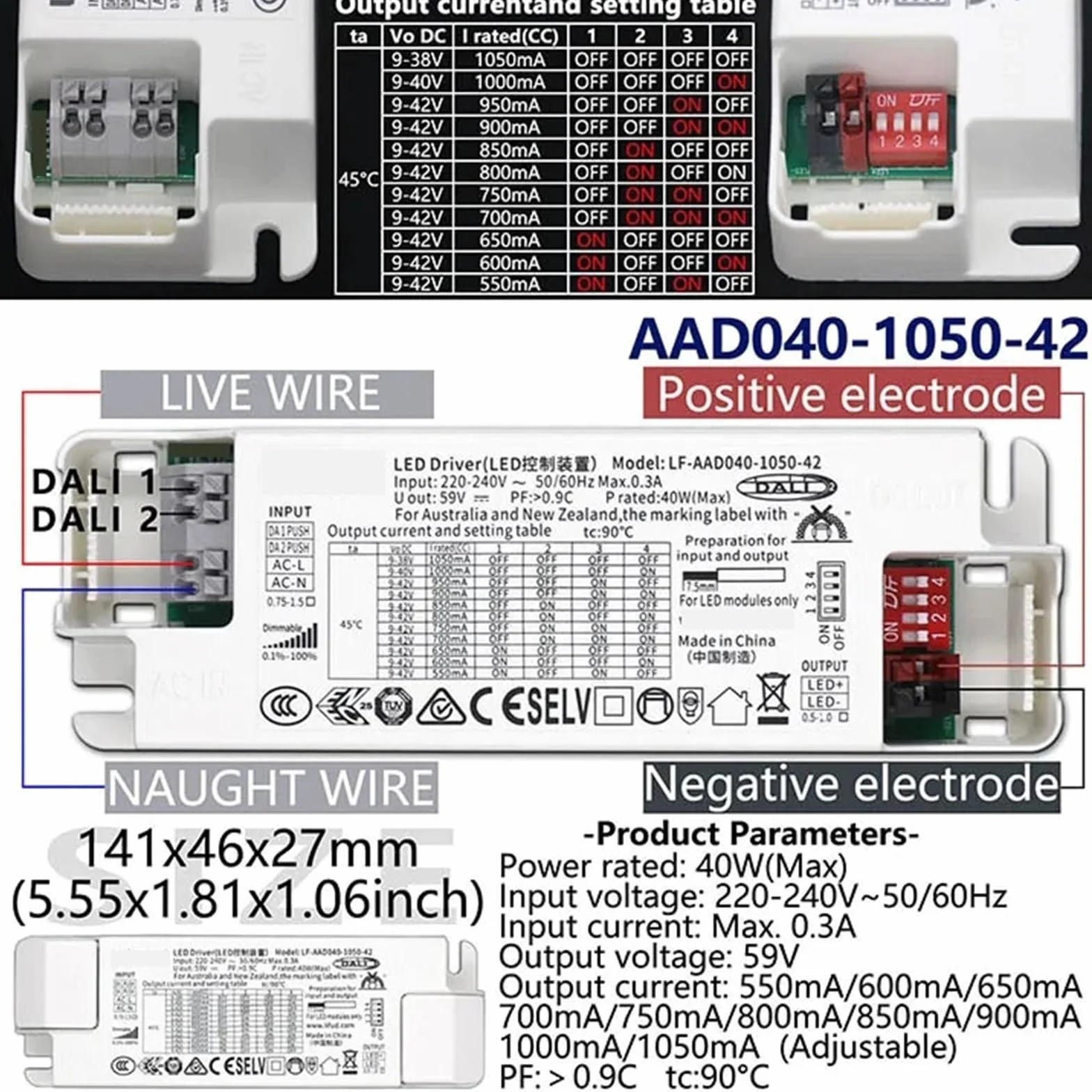 Sterownik ściemniacza LED 8,4 W, 21 W, 31,5 W, 40 W, zasilacz AC 220-240 V, 9-42 V DC, 100-1050 mA, regulowany prąd, 1 szt. (40 W, 1050 mA), maks