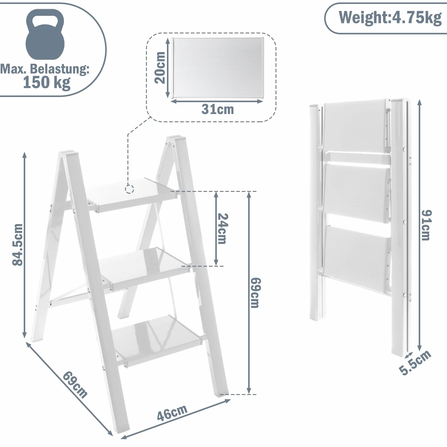 Aluminiowa drabina składana 3 stopnie - przenośny antypoślizgowy podnóżek do domu, kuchni, biura - lekka, maksymalne obciążenie 150 kg