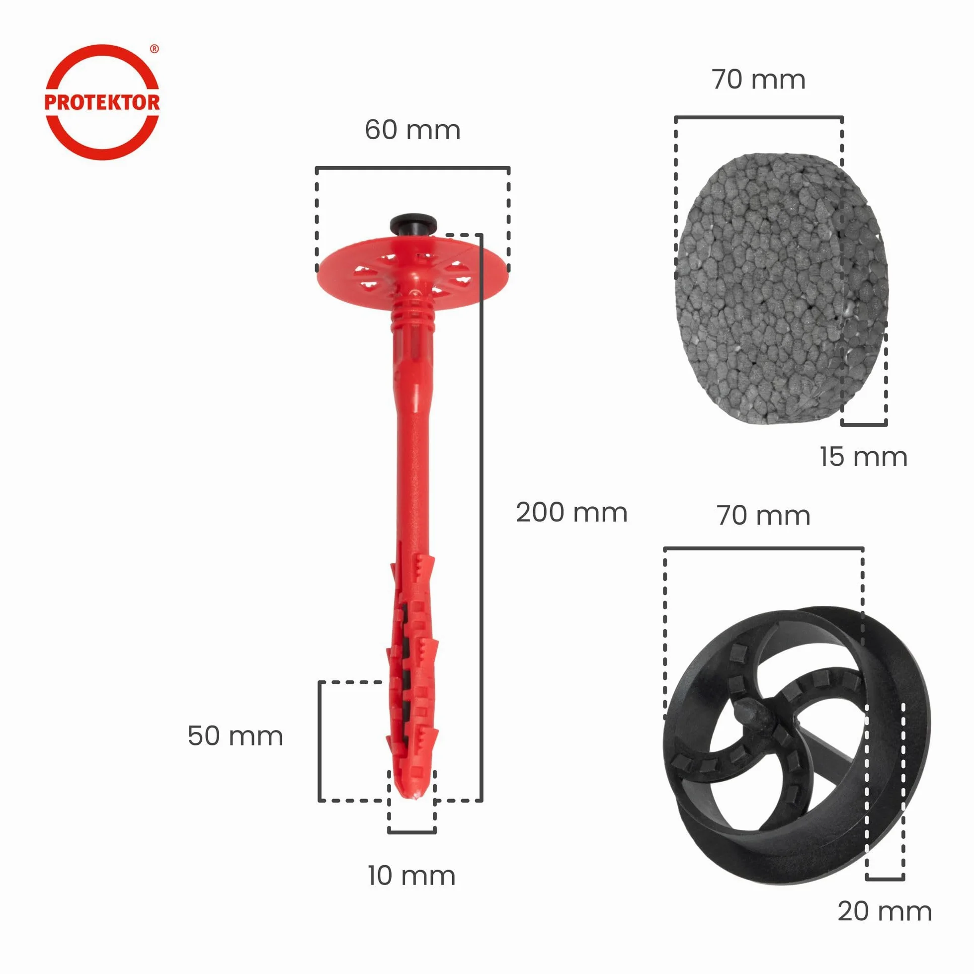 PROTEKTOR Kołki do ociepleń Ø10x200mm z plastikowym gwoździem (200 sztuk + 200 kółek + 1 otwornica) do fasad i systemów ociepleń WDVS, ETICS izolacji elewacji, kołki termiczne z certyfikatem ETA